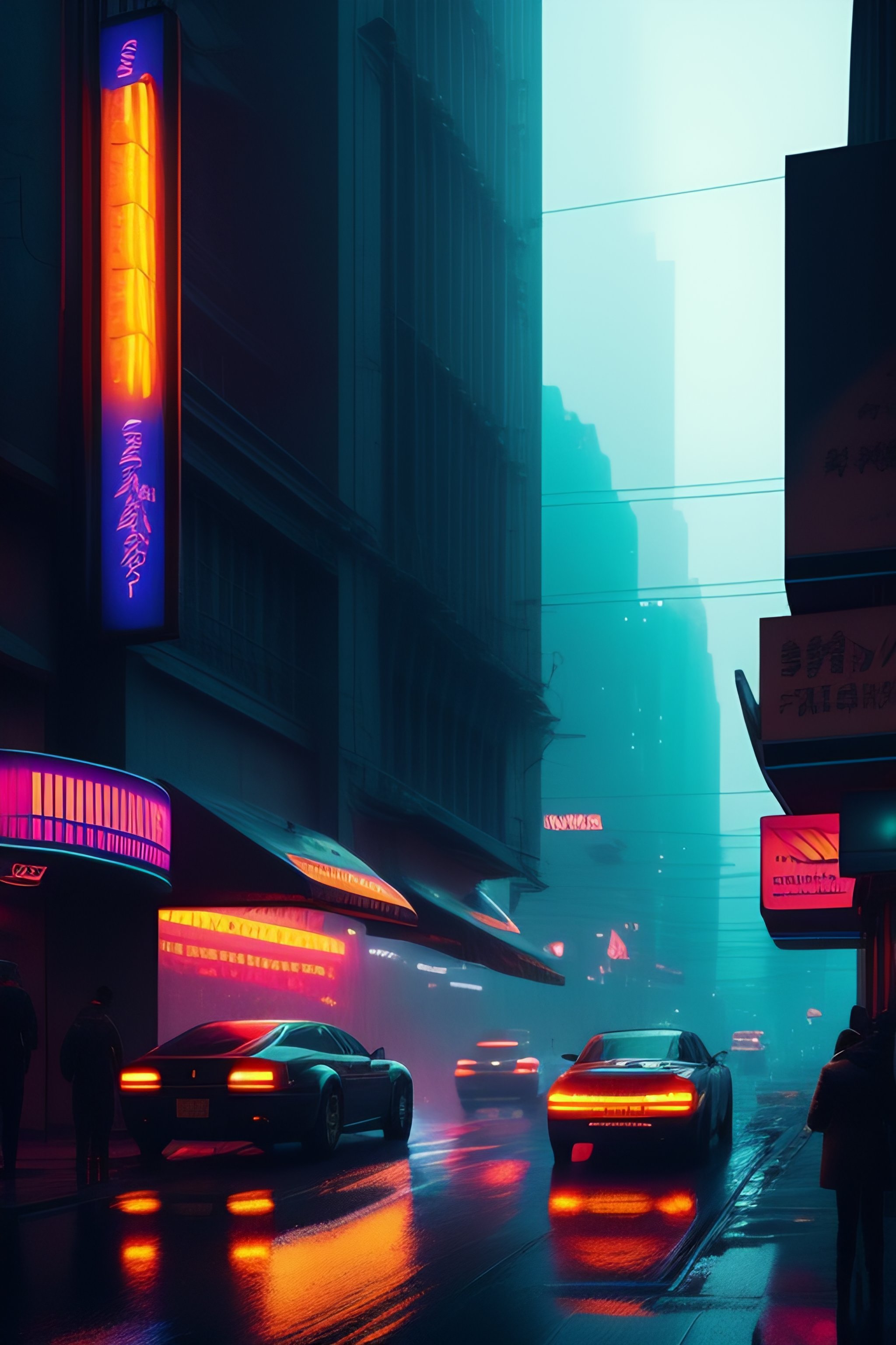 Lexica Cyberpunk Street Scene Raining Night Time With Neon Signs A