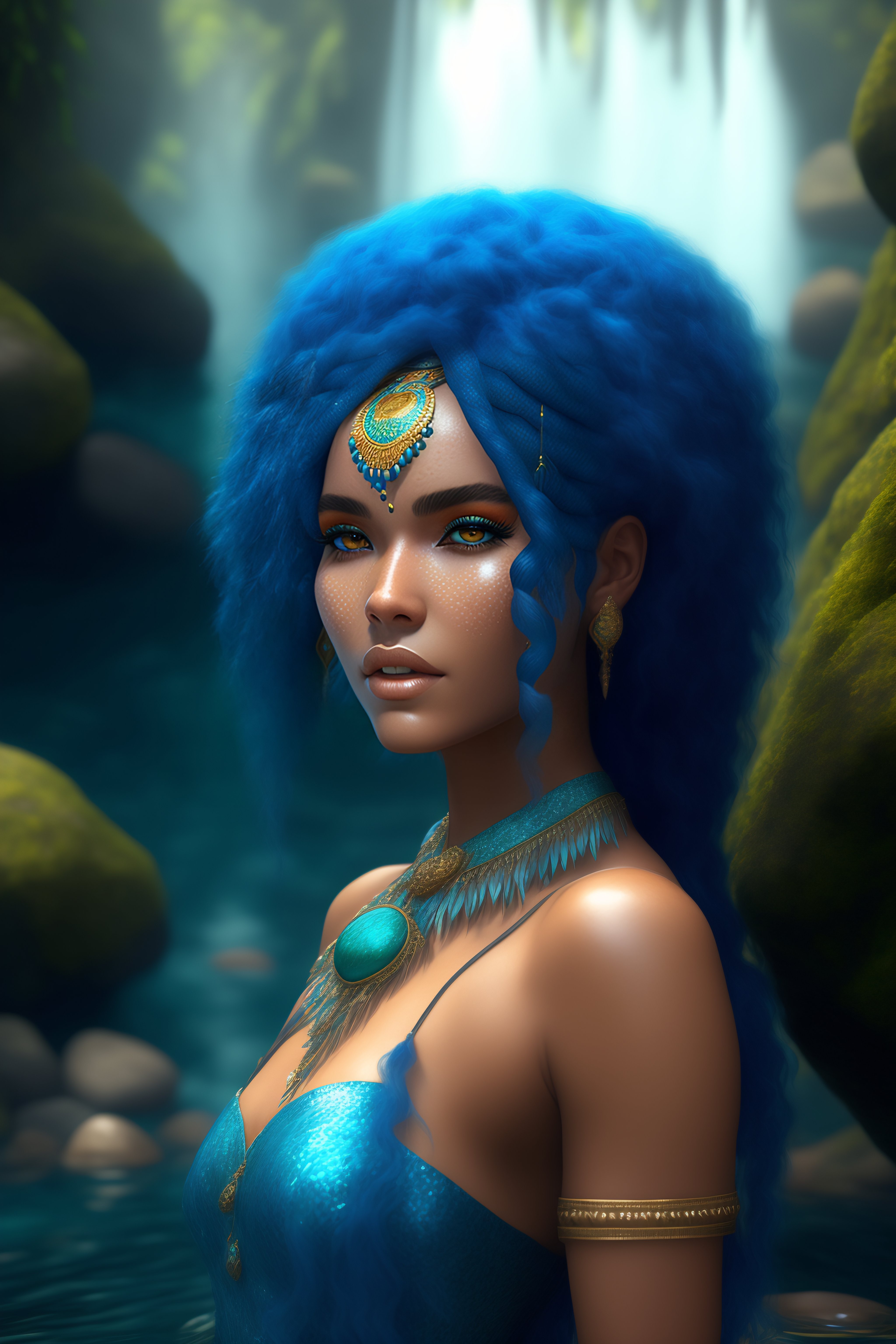 Lexica An Indigenous Brazilian Mermaid Woman Full Body Blue Hair In