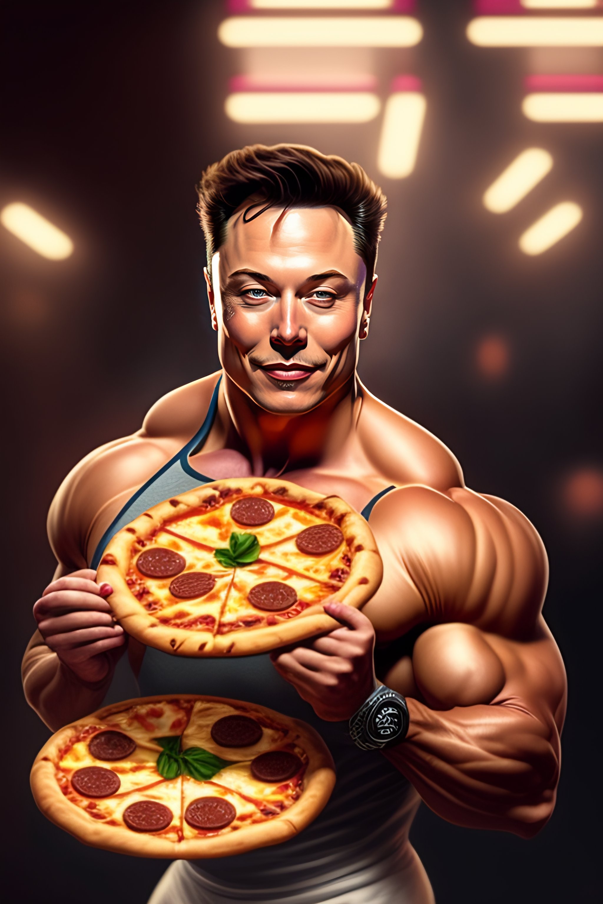 Lexica Bodybuilder Elon Musk Lifting Pizza At The Gym Realistic