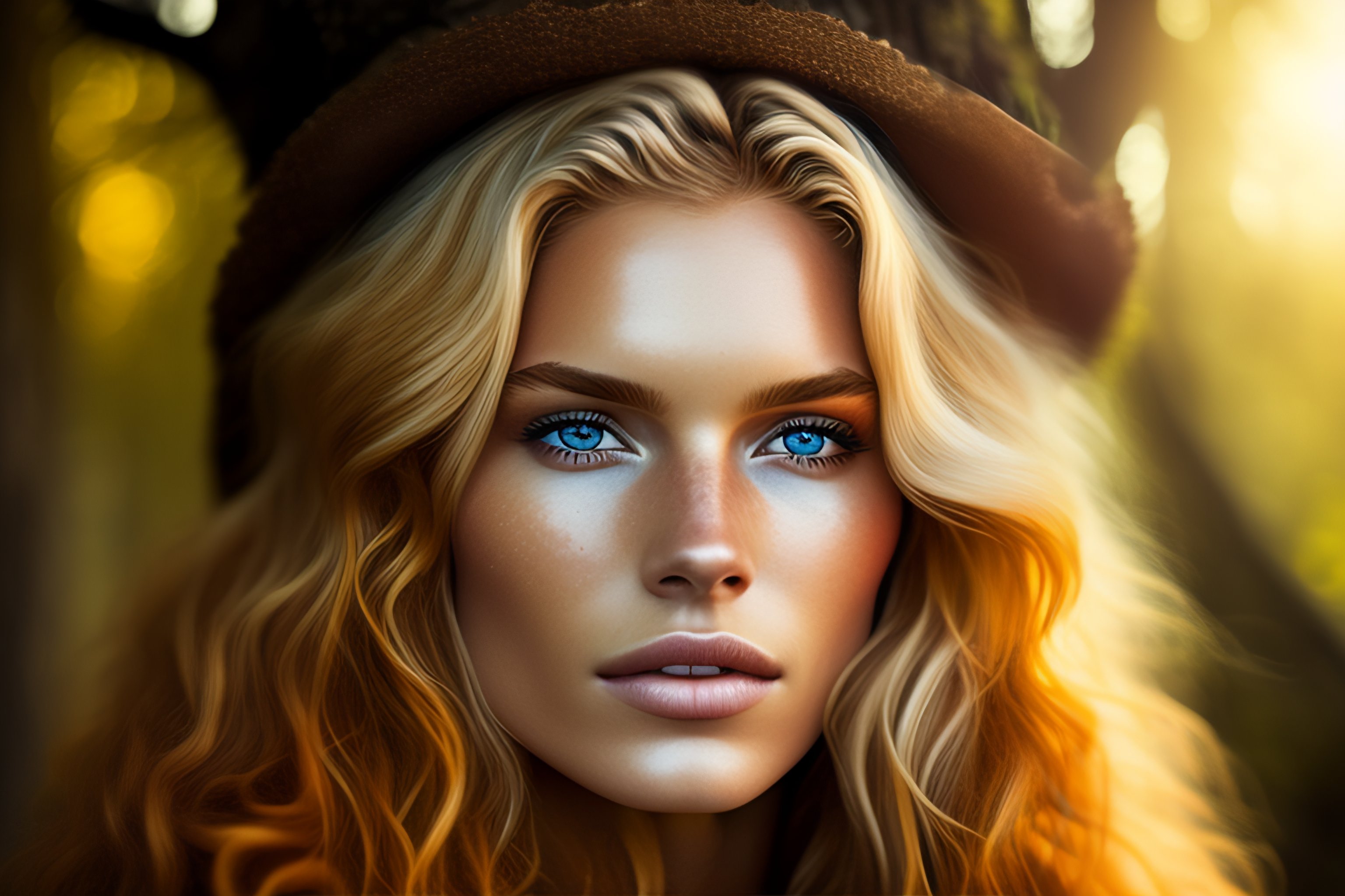 Lexica Blonde Wild Hair Orange Eyes Freckles Forest Woman