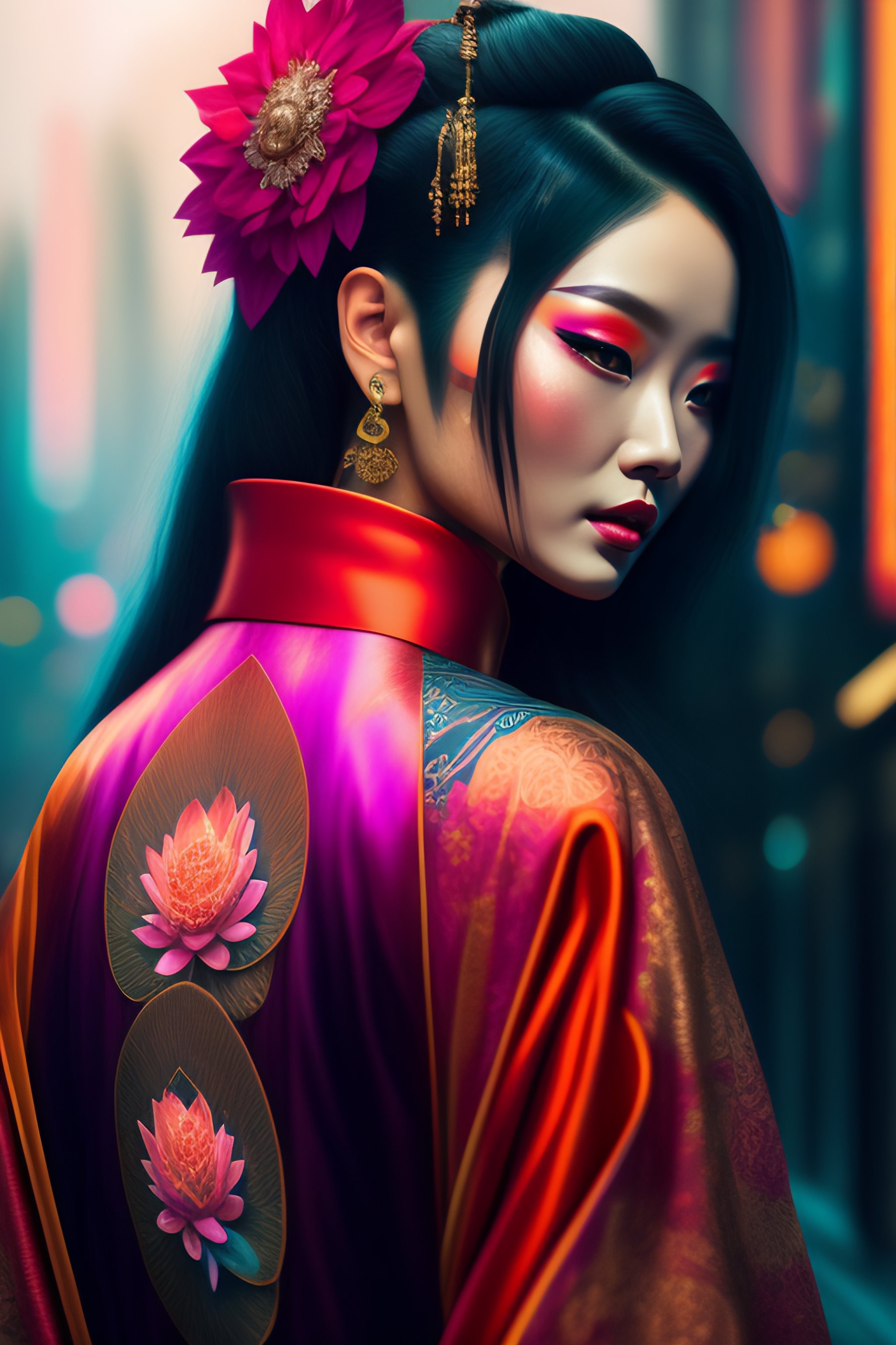 Lexica Ultra Realistic Cyberpunk Geisha In A Lotus Position Wearing