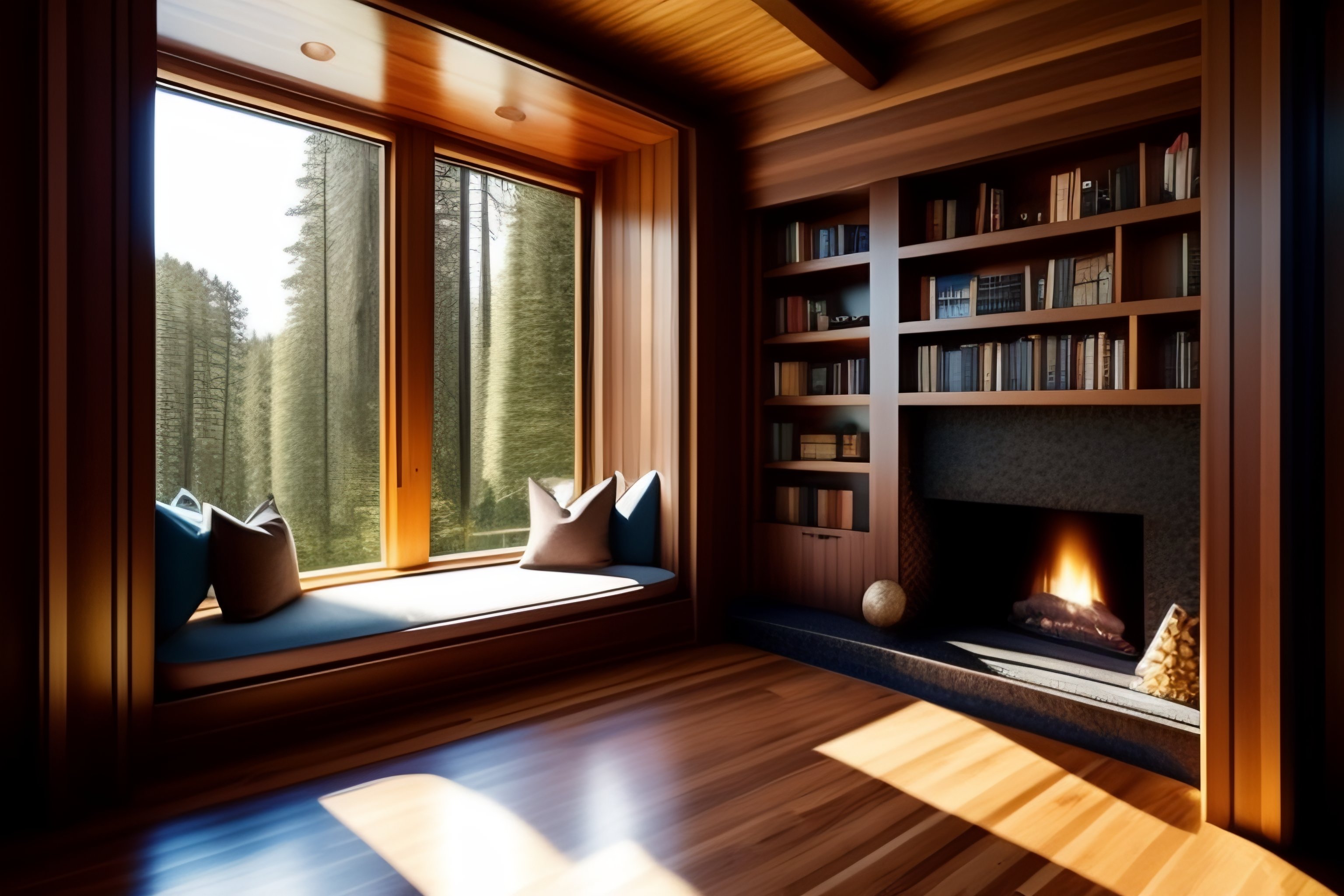 Lexica Reading Nook With Bookshelves And Fireplace Overlooking