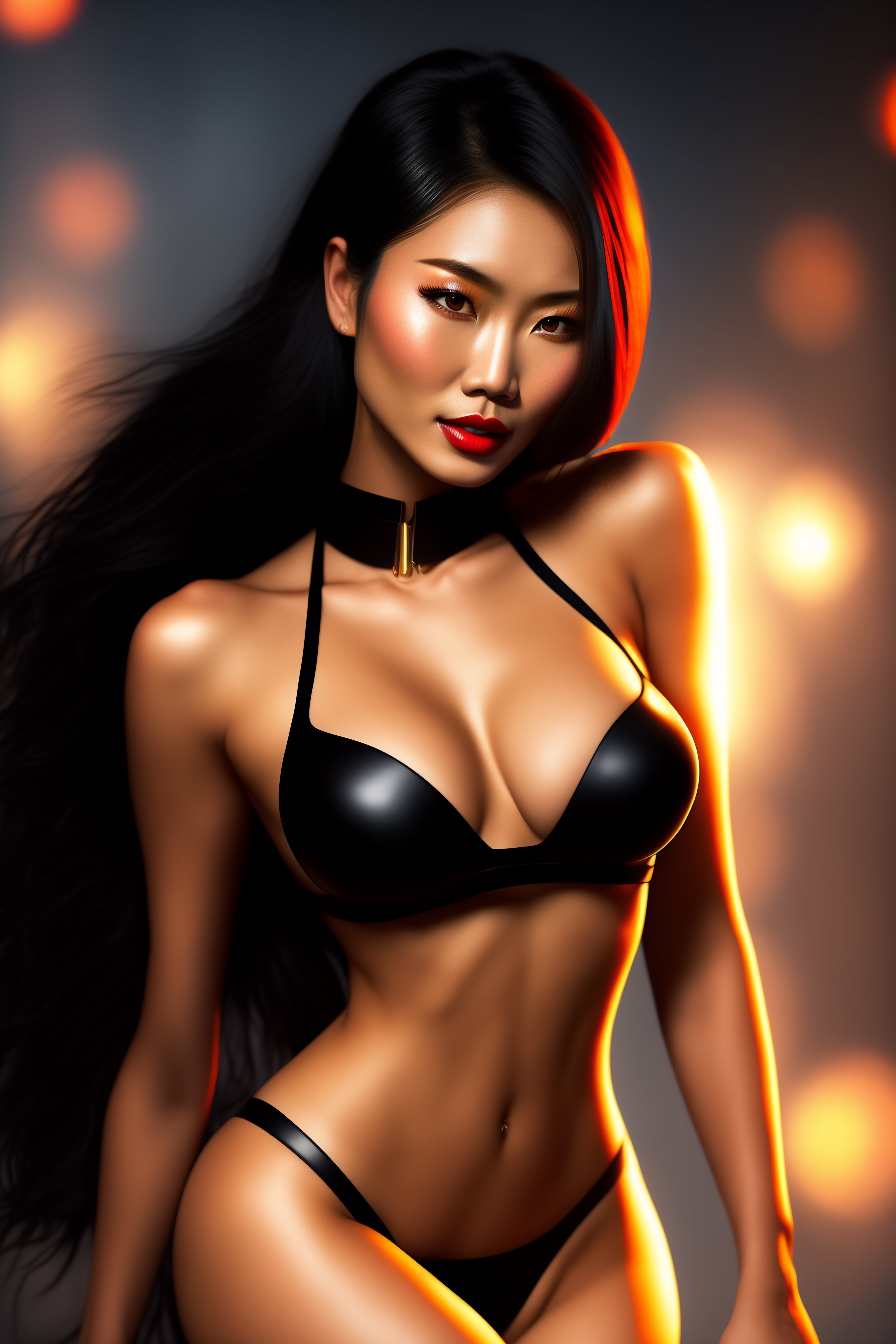 Lexica Asian Beauty In Small Black Leather Bikini Sweat All Over