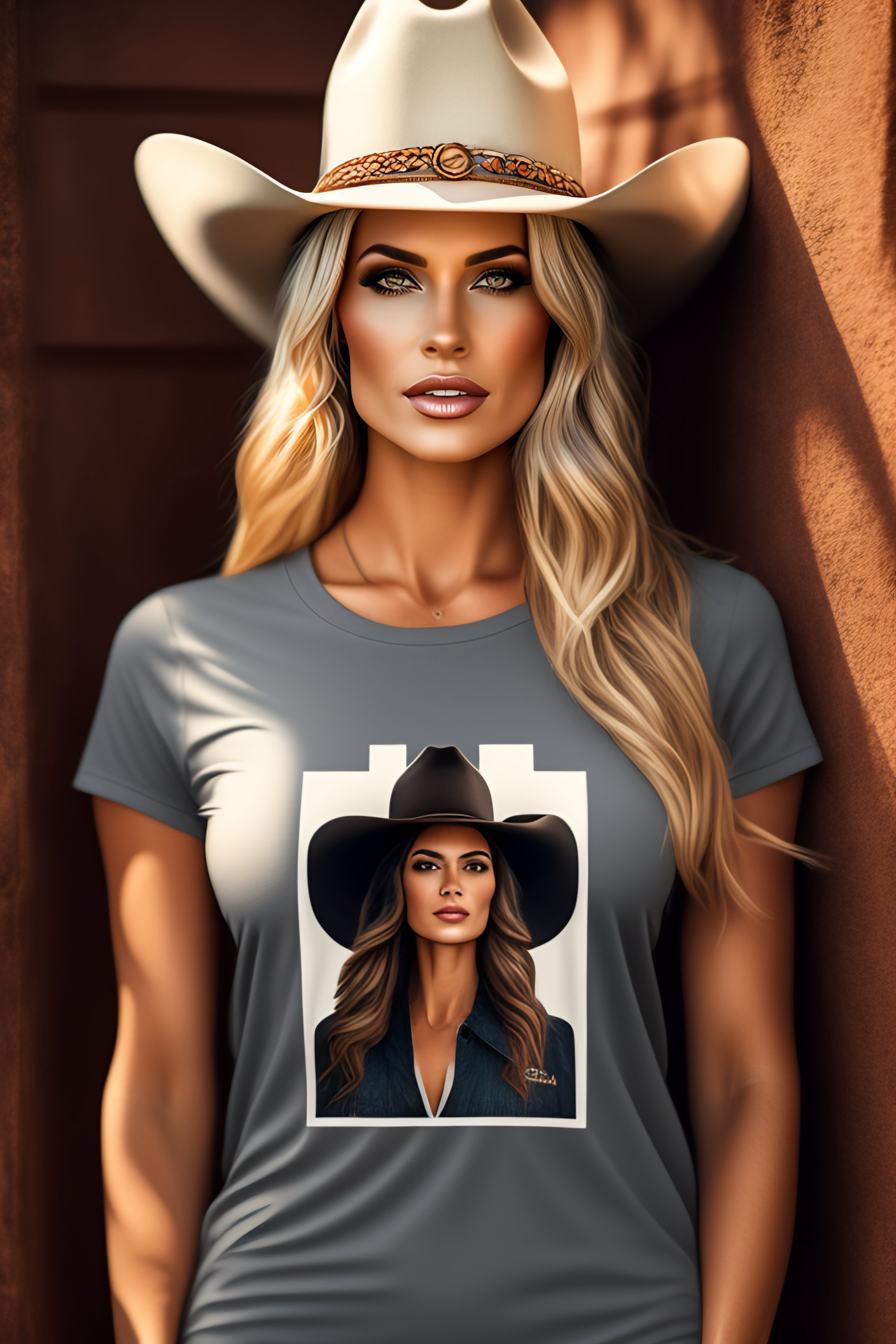 Lexica Full Body Of Woman Wearing Cowboy Hat Realistic Image Of Gray