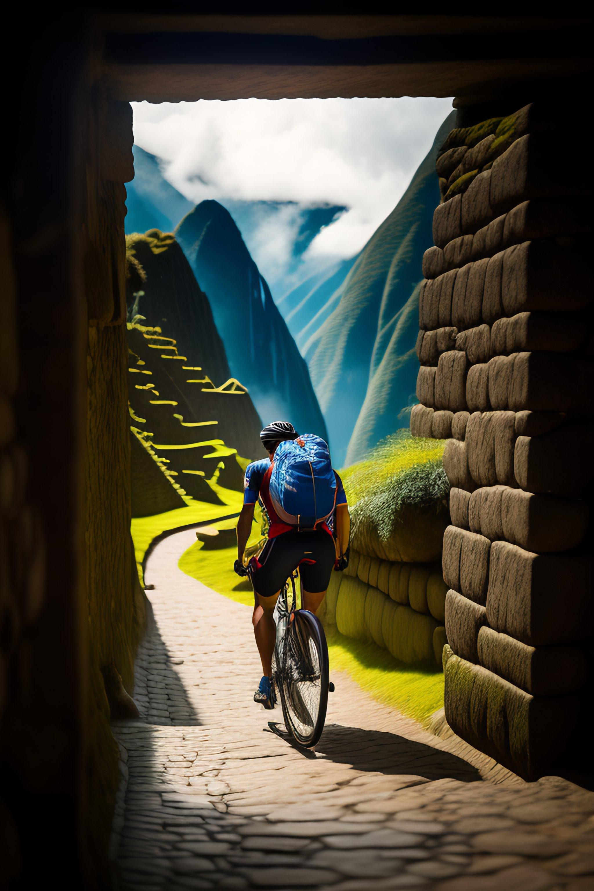 Lexica Man From Behind With A Race Bicycle In Machu Picchu By Steve