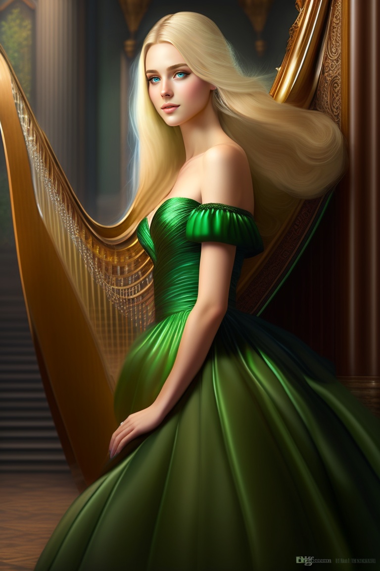 Lexica Green Dress Blonde Blue Eyes Long Hair Harp