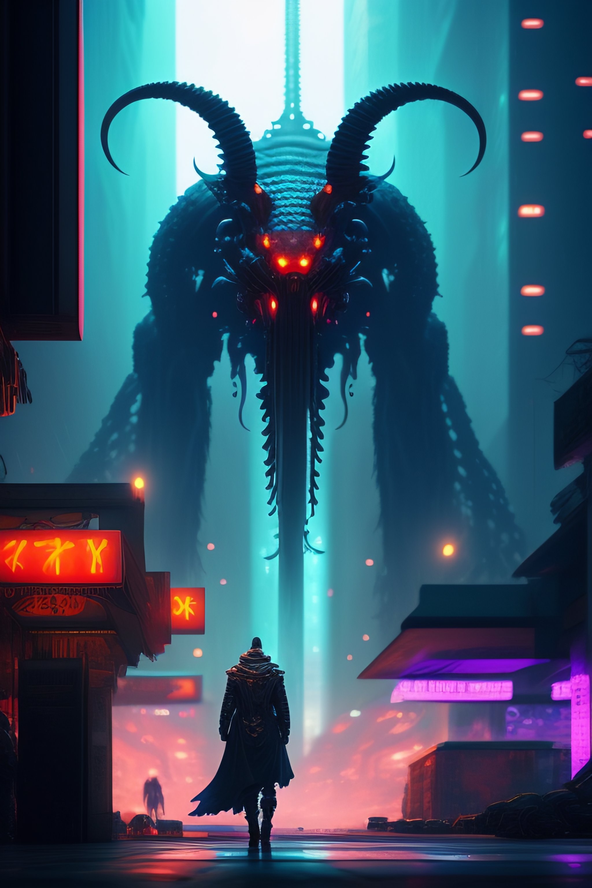 Lexica Lovecraftian Demon On Cyberpunk City