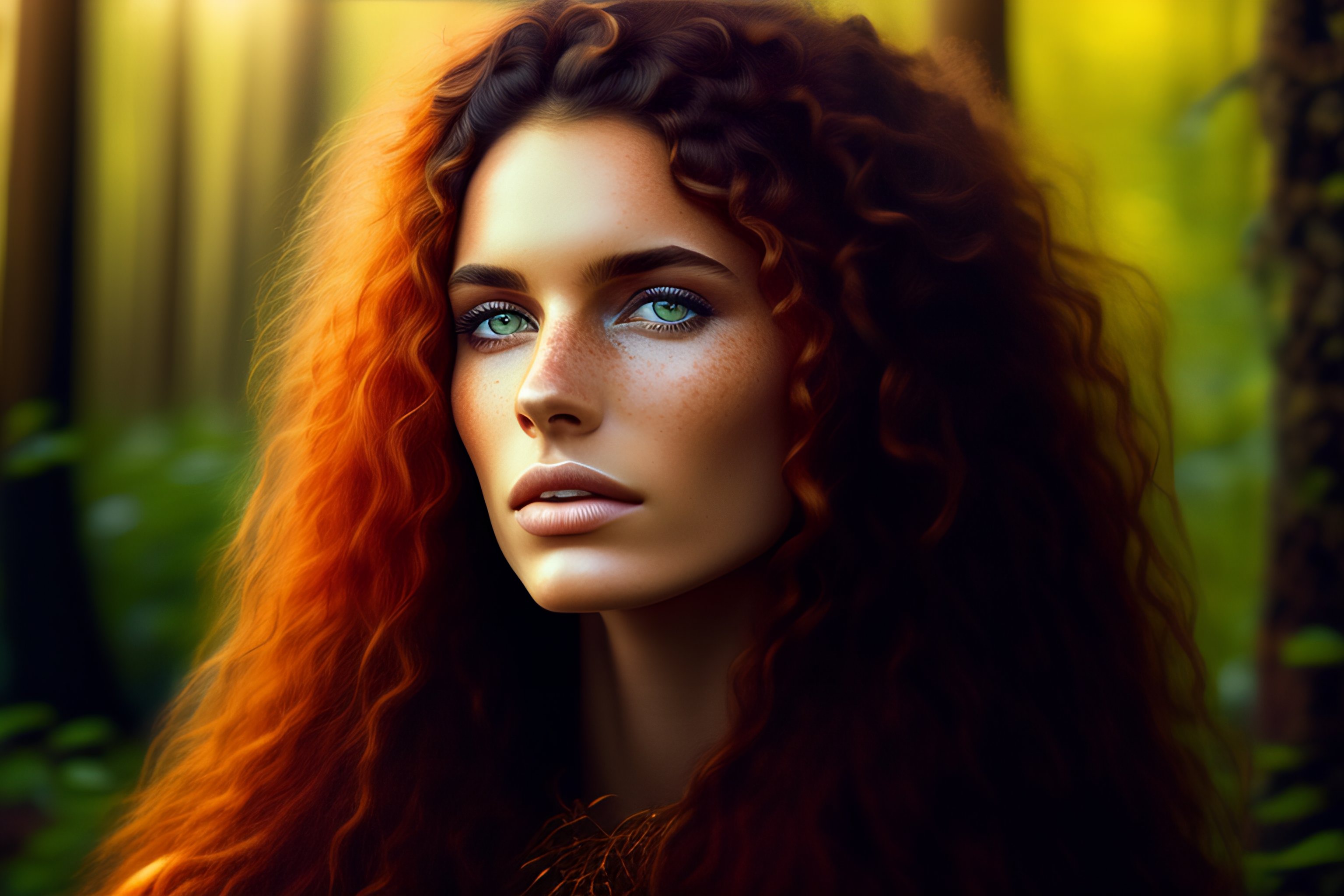 Lexica Brunette Wild Hair Orange Eyes Freckles Forest Woman