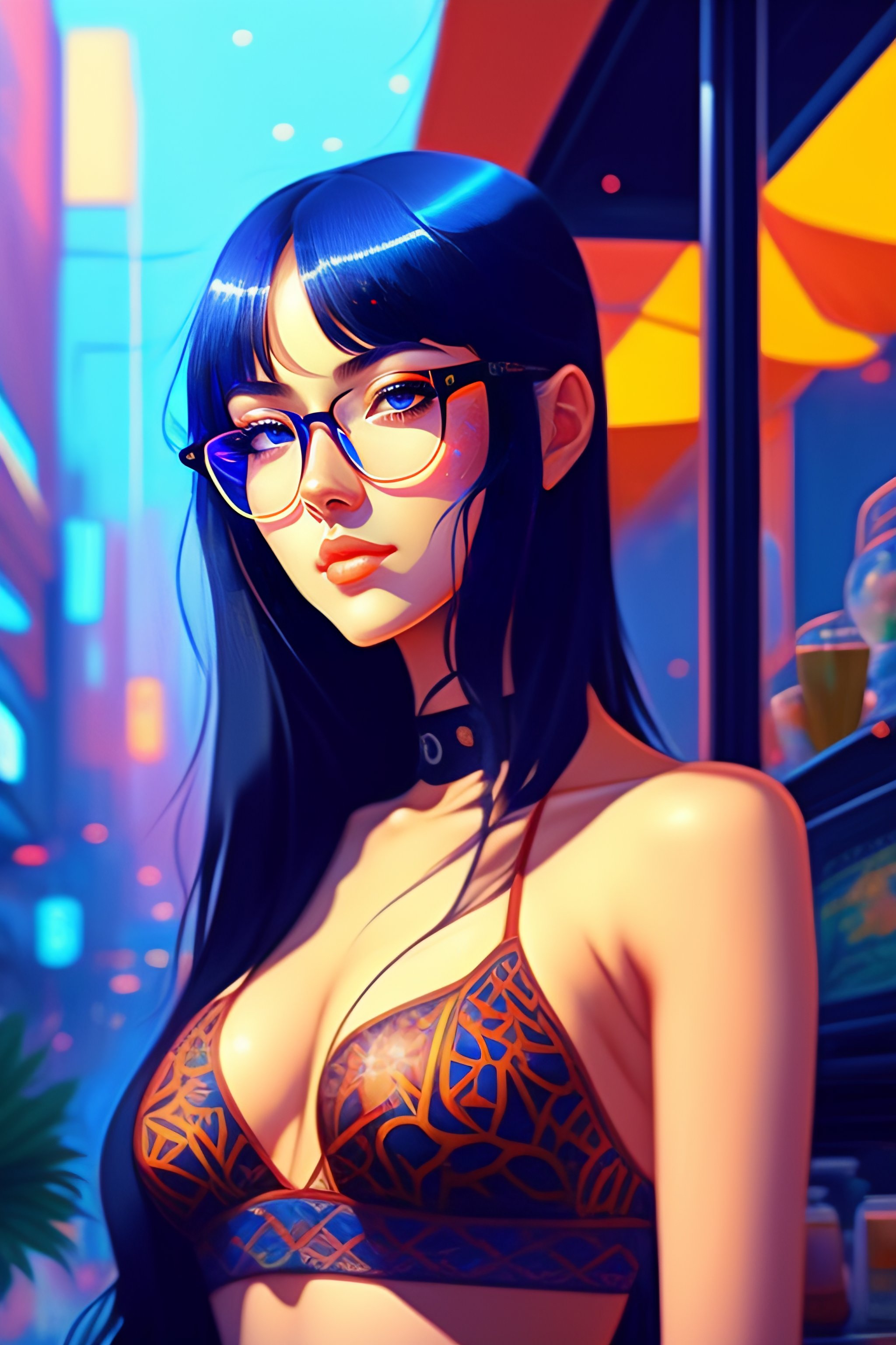 Lexica Cute Hot Girl In Blue Bikini Black Hair Black Wayfarer Glasses