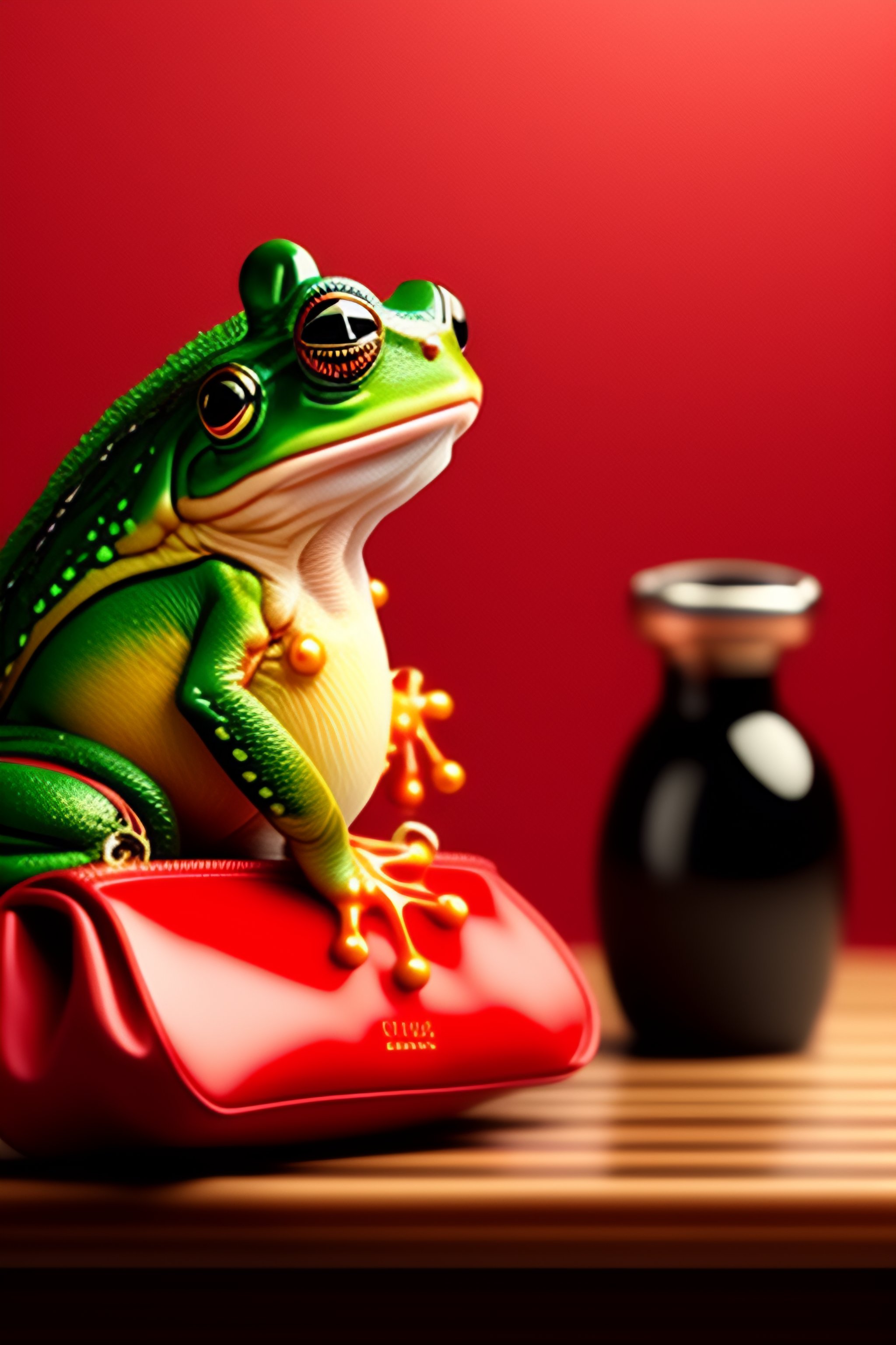 Lexica Frog Is Dancing On The Table In Red Dress With Ted Bag In Hand