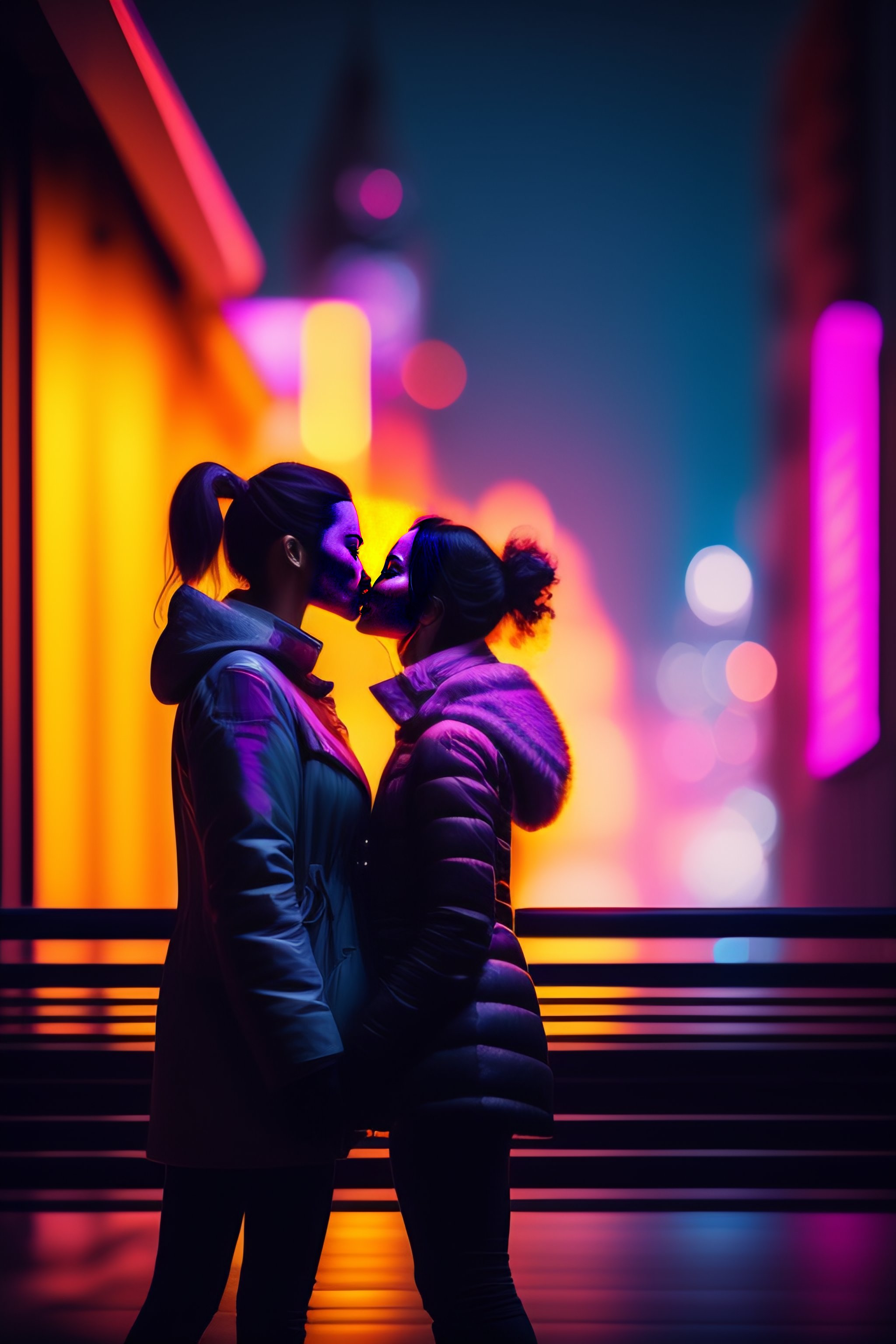 Lexica Two Woman Kissing In A Roof At Night Cyberpunk Style