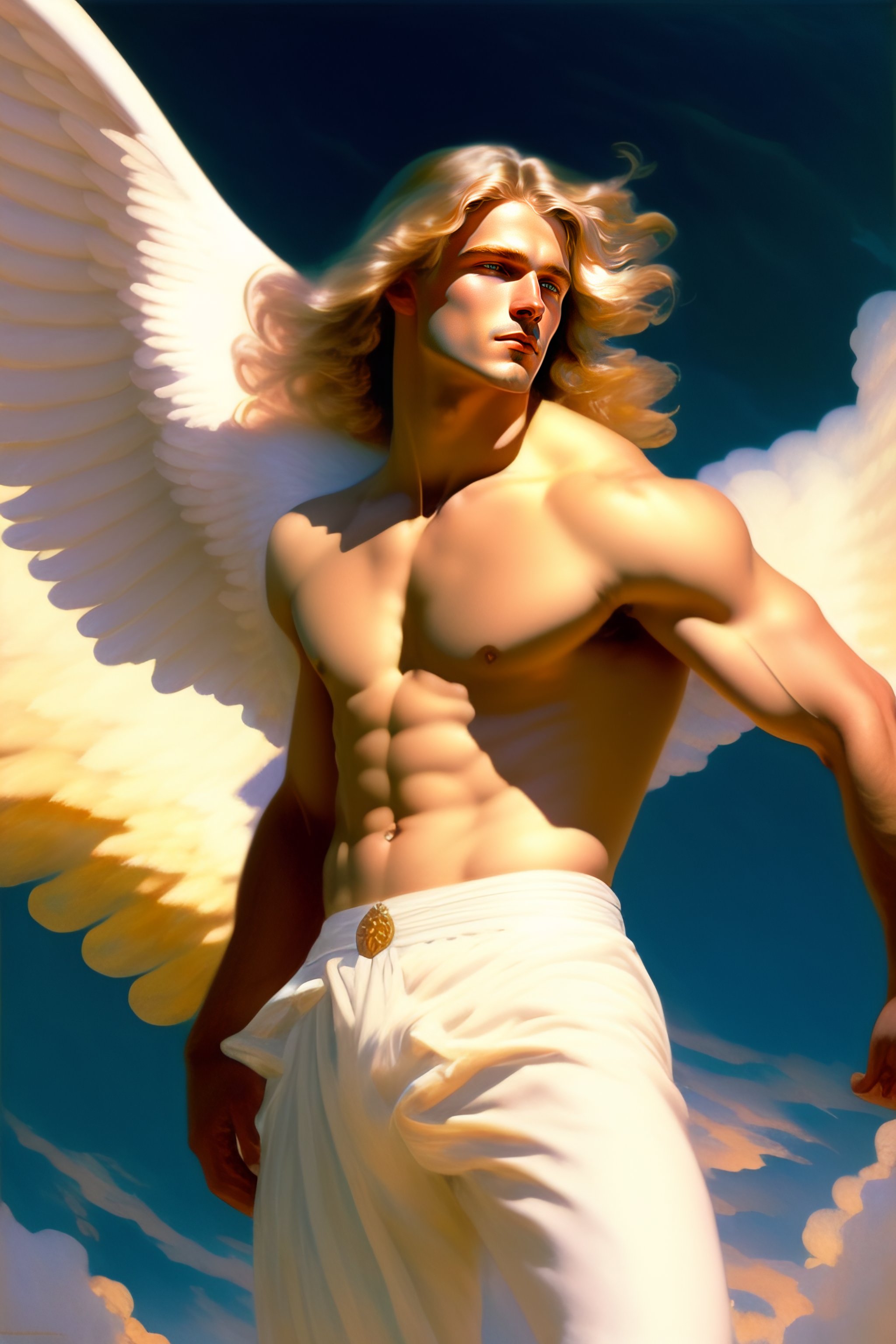 Lexica A Male Angel Flying And Dancing Among The Clouds Blond Hair