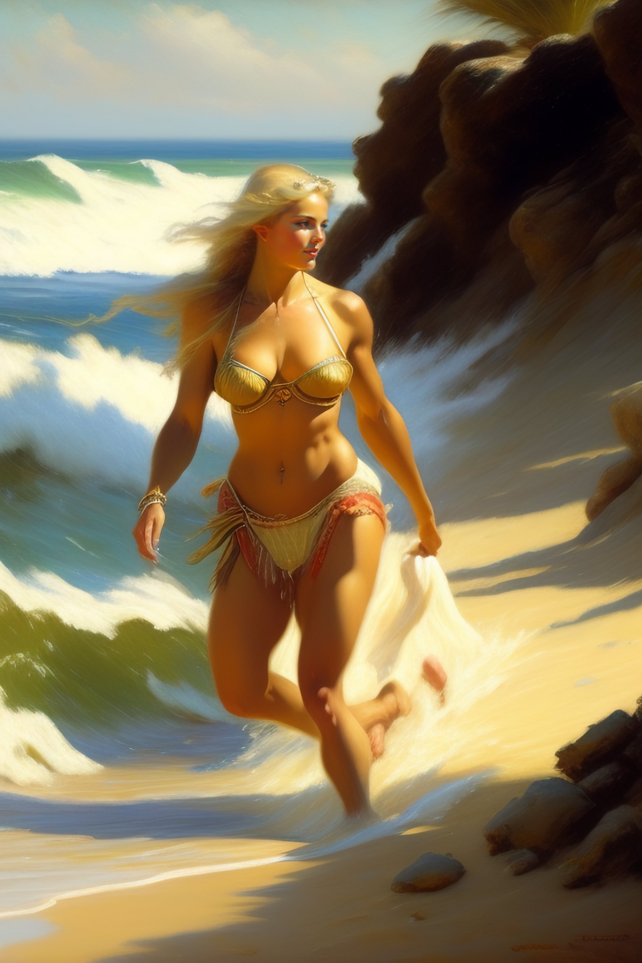 Lexica Gaston Bussiere Blonde Model Beach Sprinting