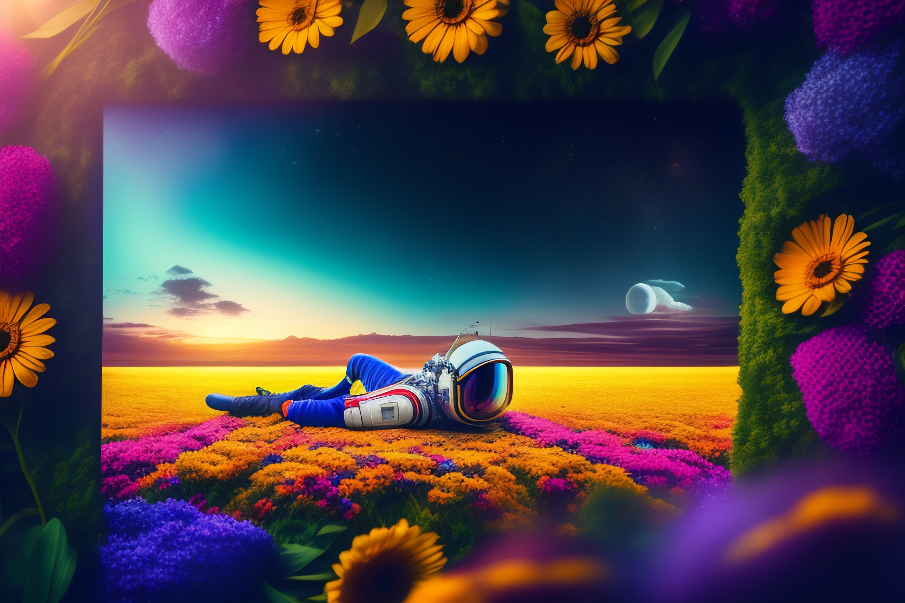 Lexica An Astronaut Laying Down In Field Of Millions Of Vibrant