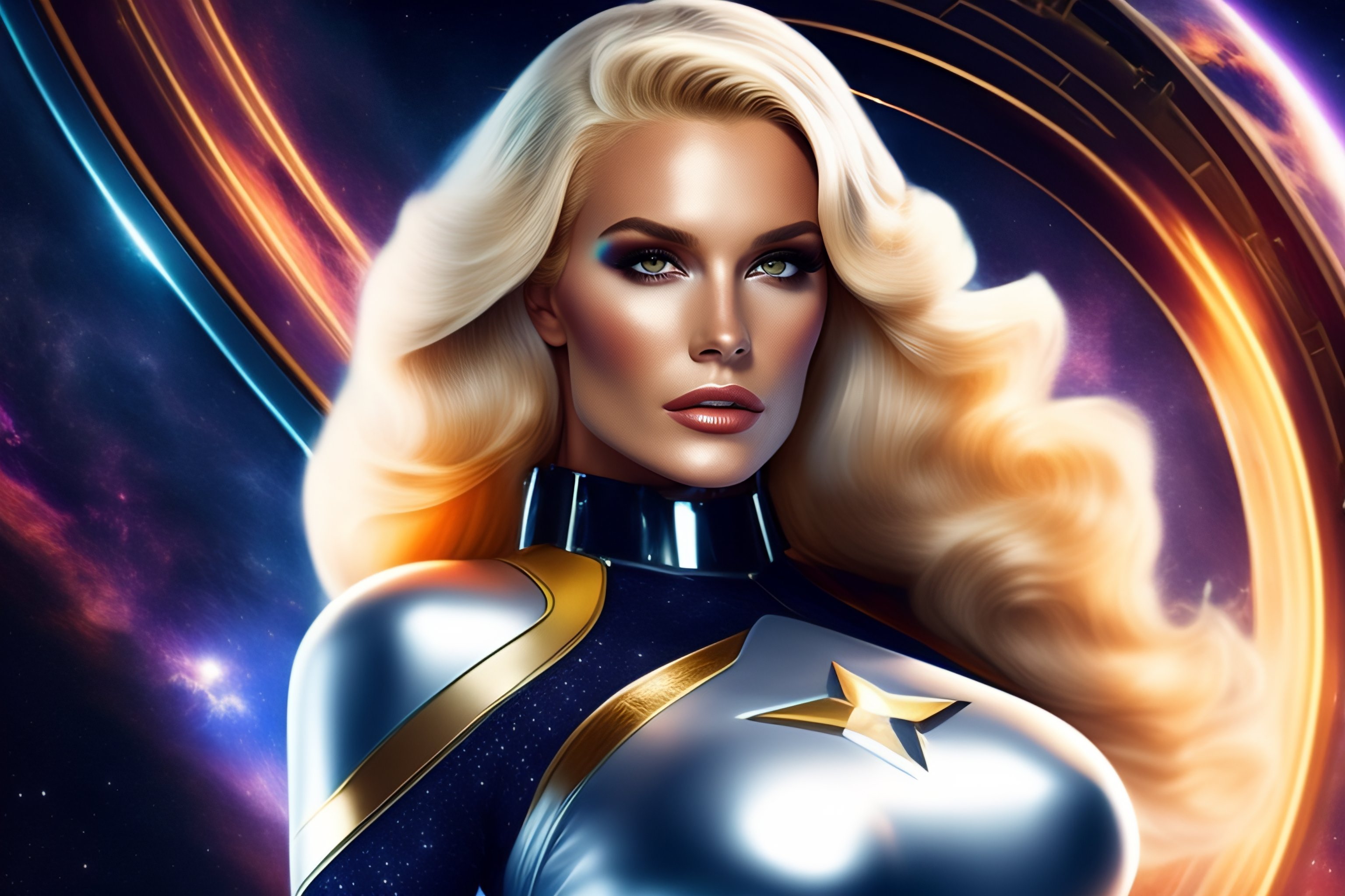 Lexica A Hot Blonde Space Girl With A Silver Catsuit Holding A Big