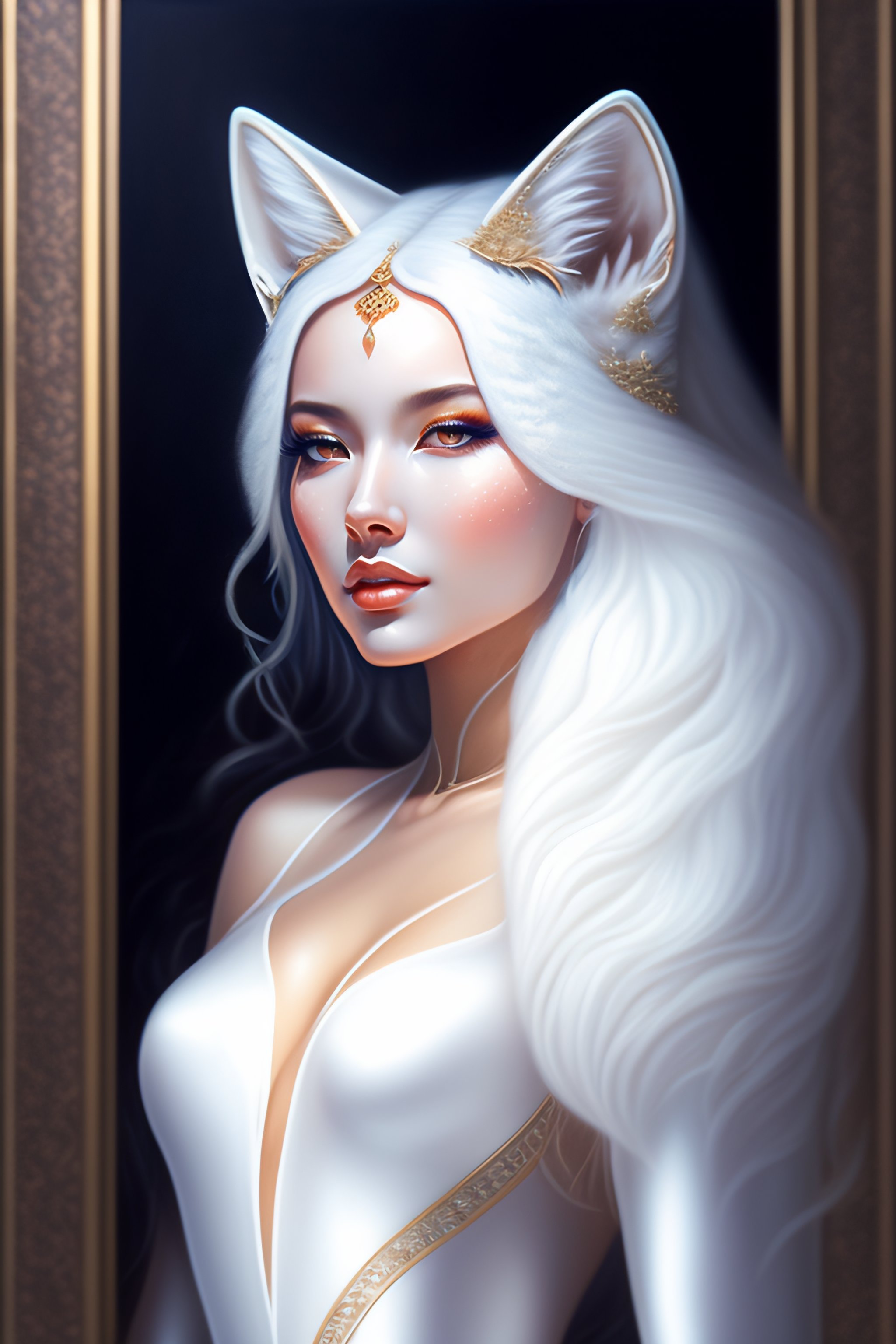 Dopamine Girl A Oil Painting Of A Translucent Arctic Fox Spirit Naked