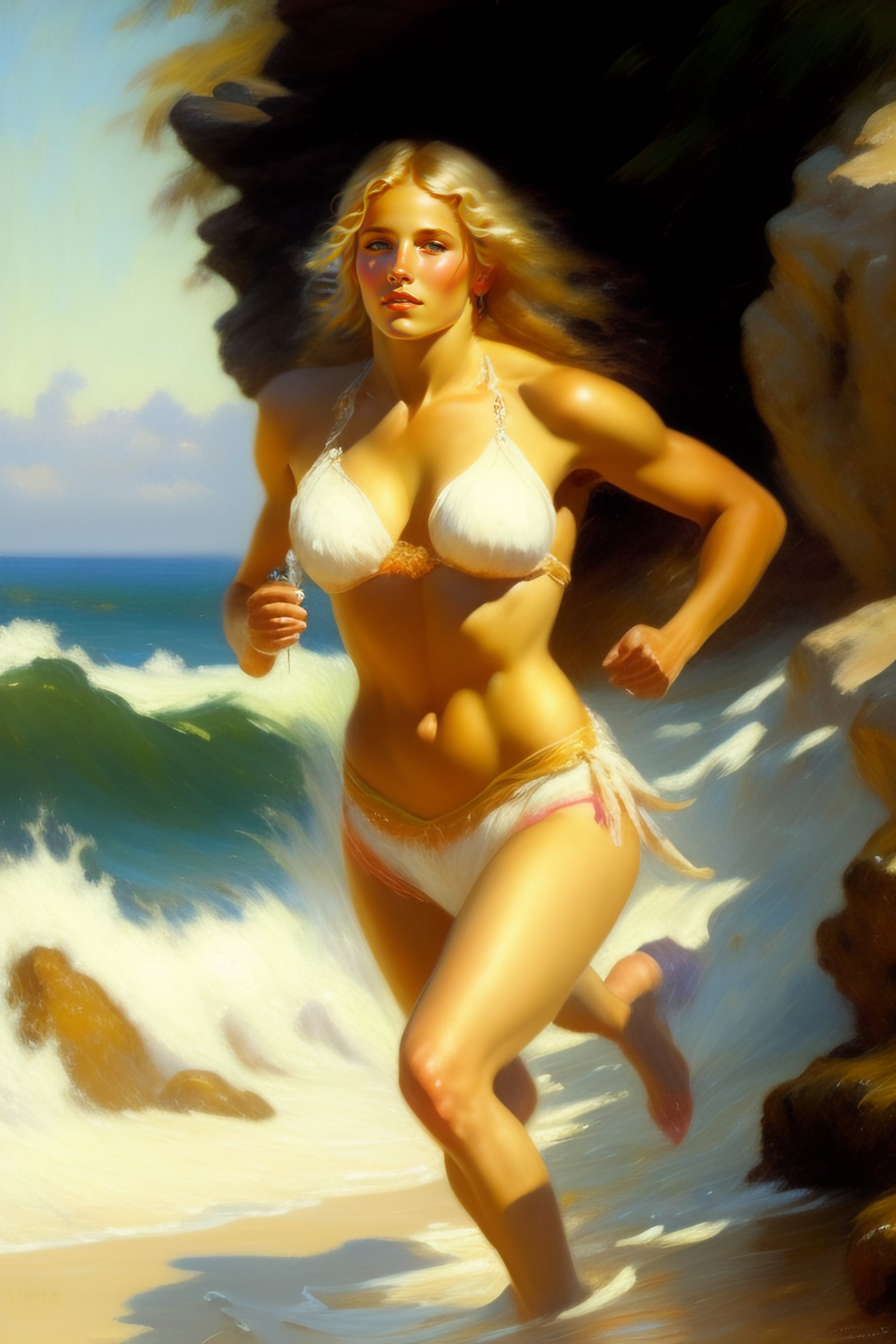 Lexica Gaston Bussiere Blonde Model Beach Sprinting