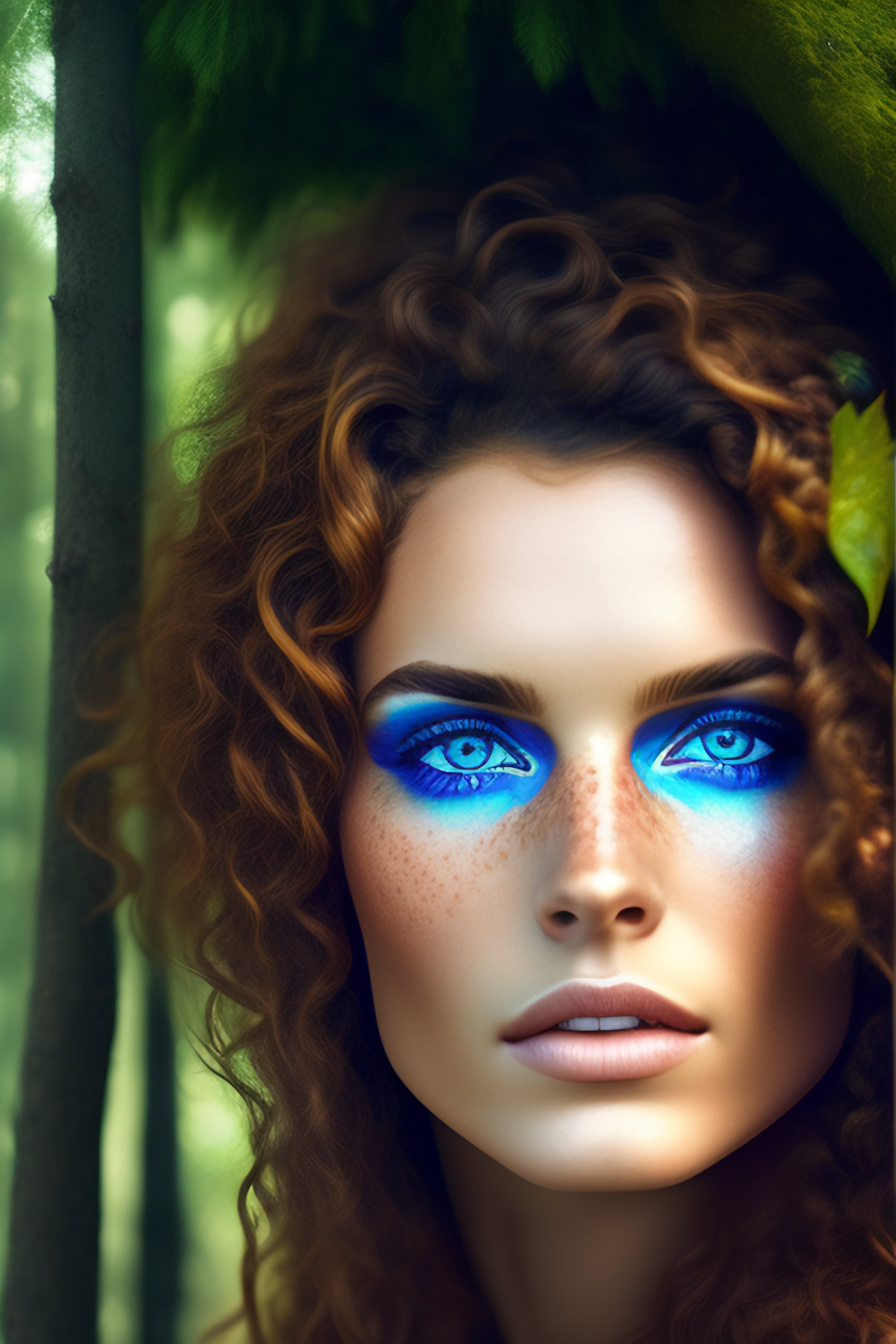 Lexica Brunette Wild Hair Blue Eyes Freckles Forest Woman