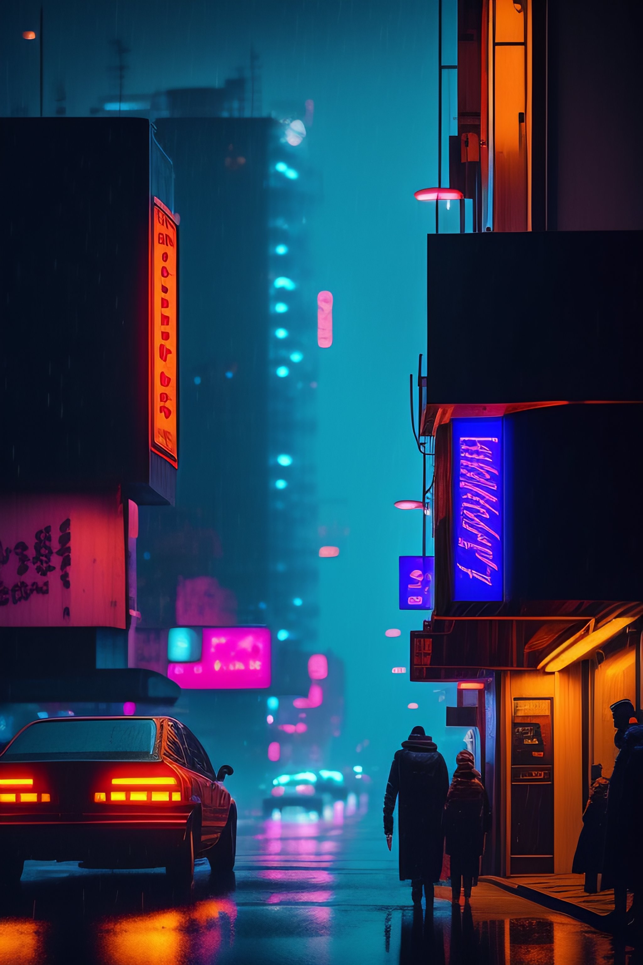 Lexica Cyberpunk Street Scene Raining Nighttime With Neon Signs