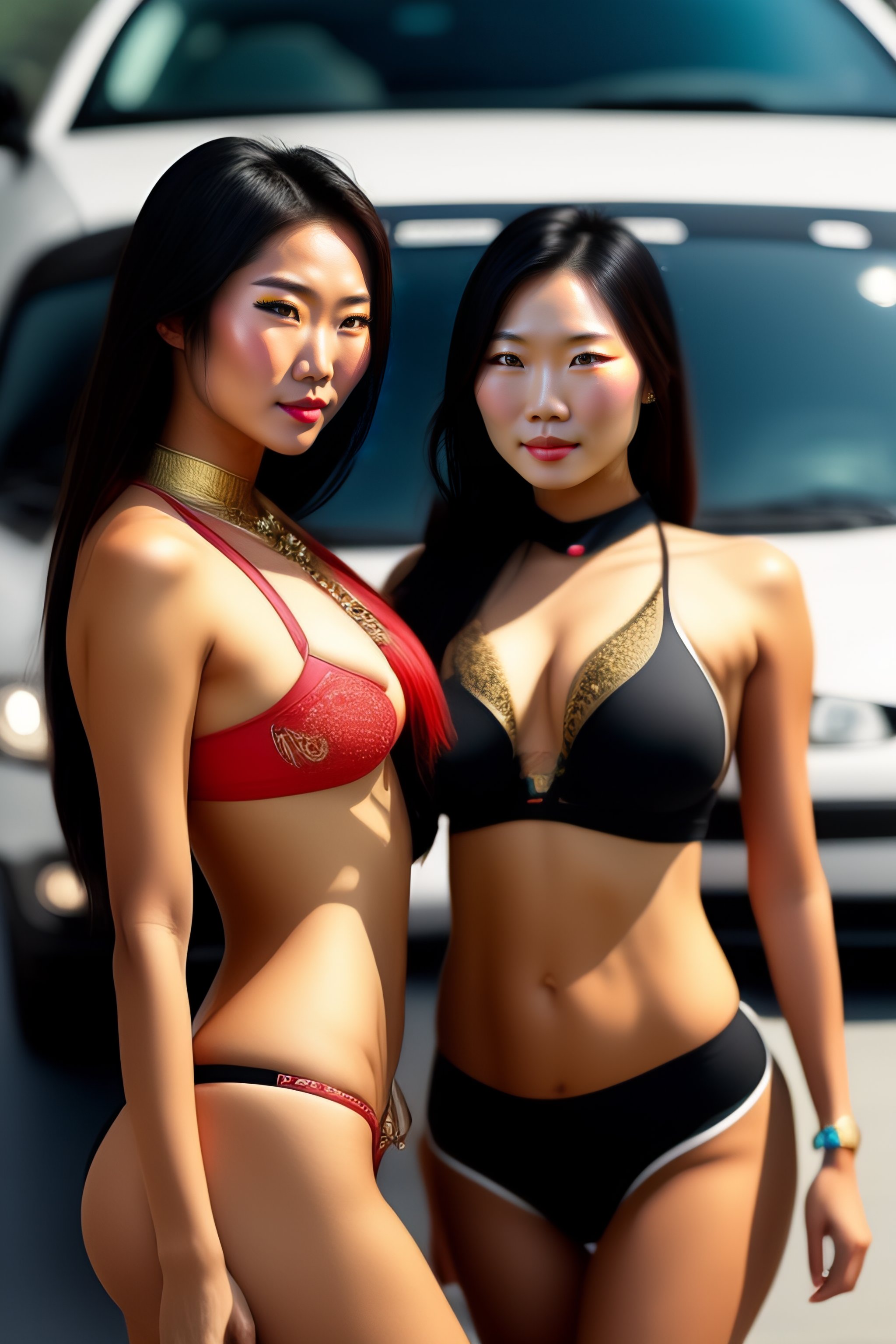 Lexica Two Sexy Asian Girls In Bikini Bending Back To Camera Next To Black Subaru Legacy Bl