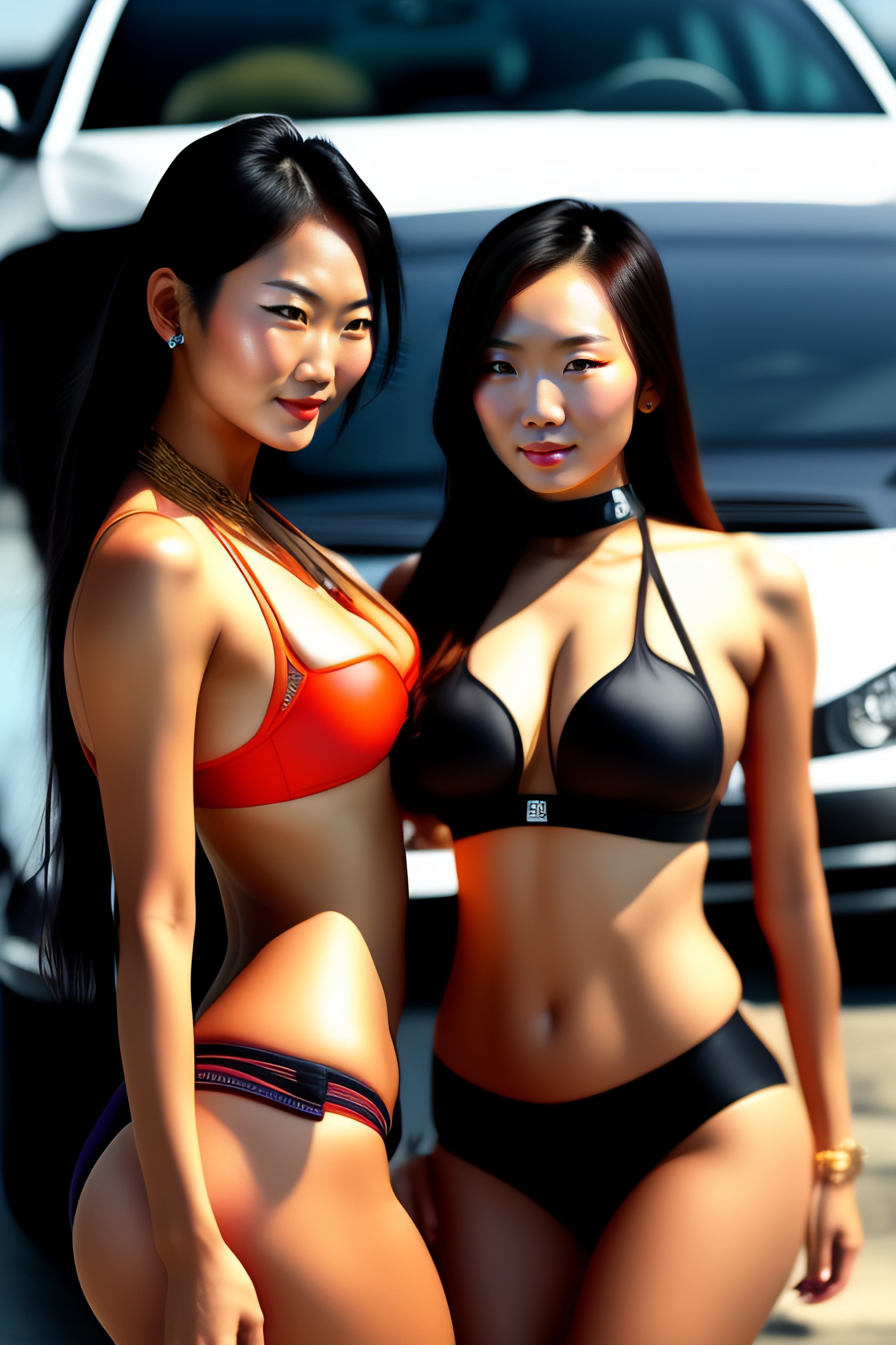 Lexica Two Sexy Asian Girls In Bikini Bending Back To Camera Next To Black Subaru Legacy Bl