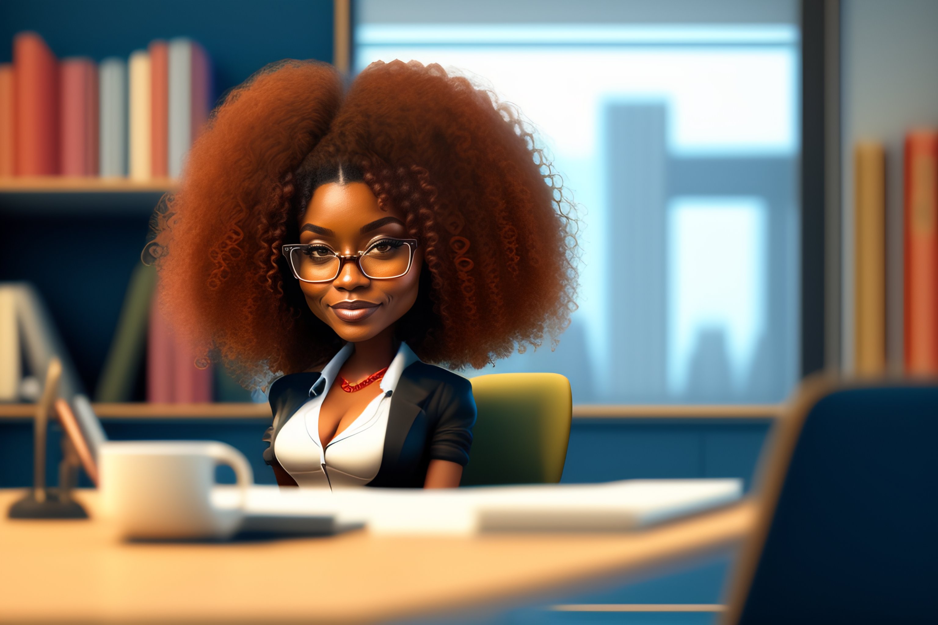 Lexica Simple Cartoonish Style Curly Headed Woman Sitting In Her Office