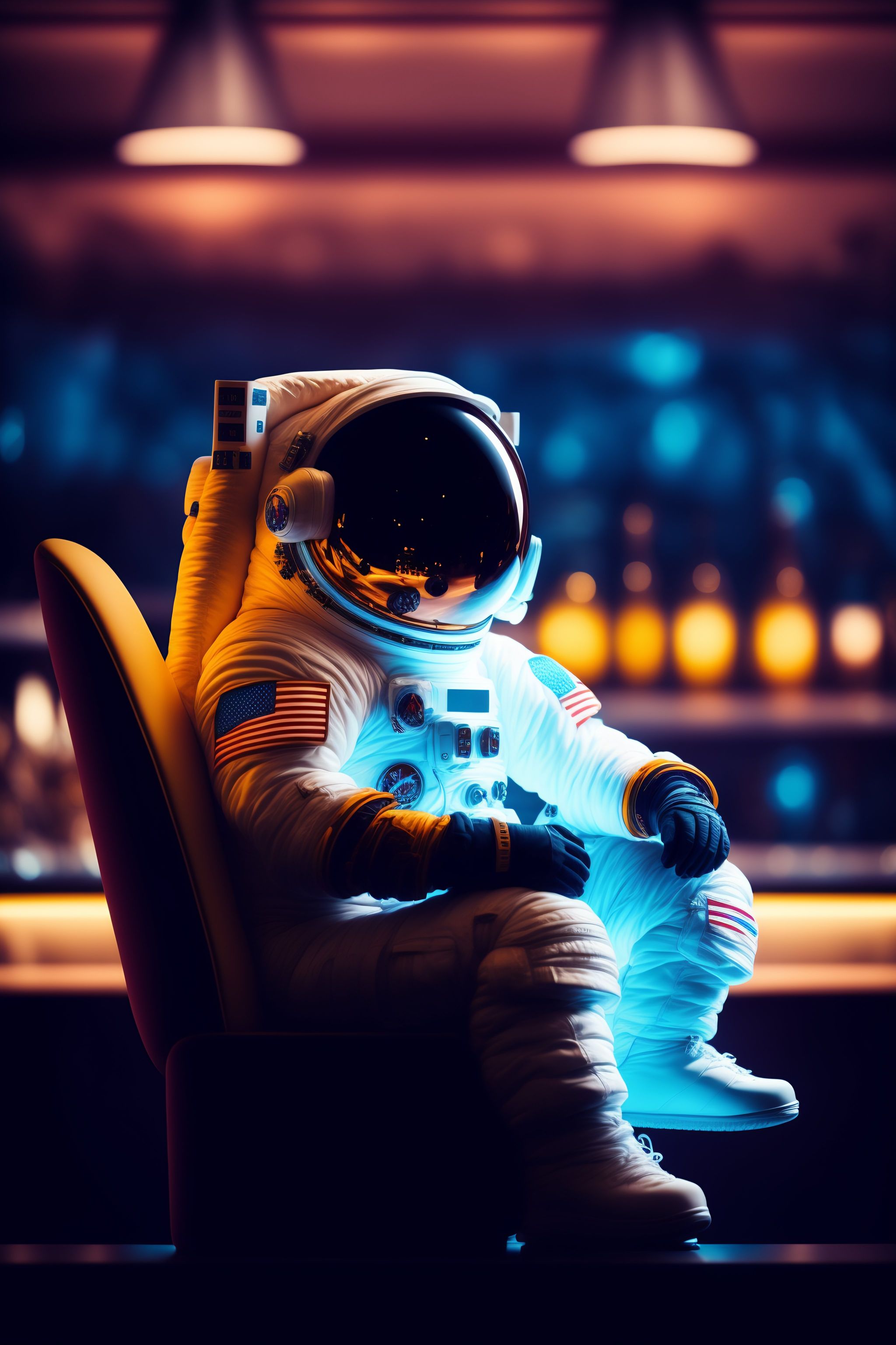 Lexica Photo Of An Astronaut Sitting On A Chair In An Oversized Bar