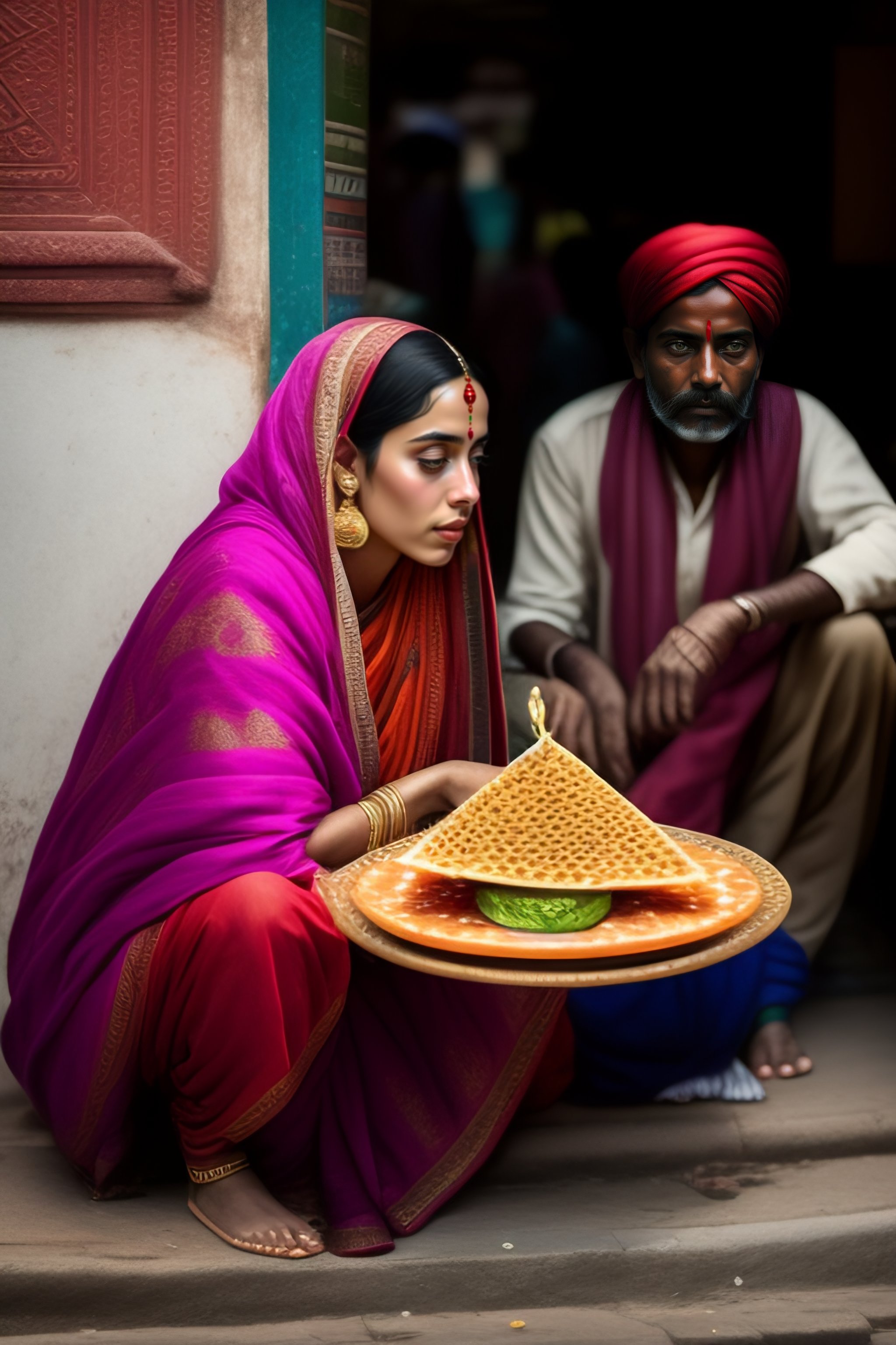 Lexica A Oil Painting Of Billie Eilish Selling Samosa On Streets Of