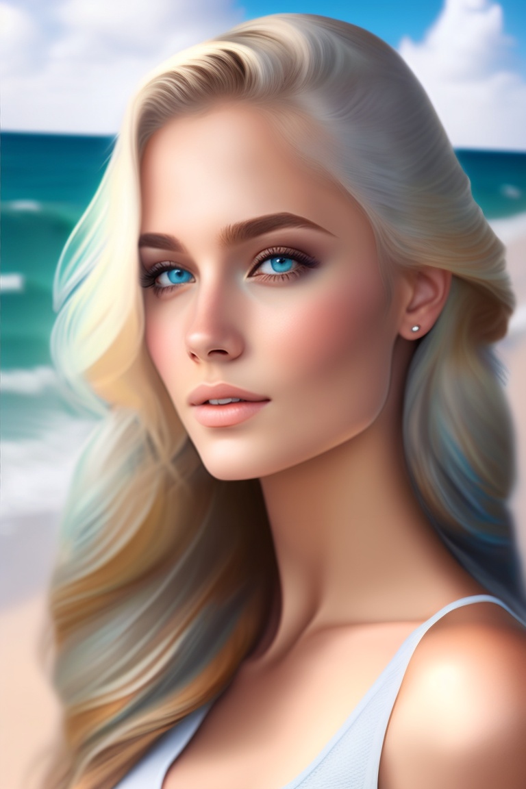 Lexica Beautiful Blonde Girl With Blue Eyes Posing At The Beach