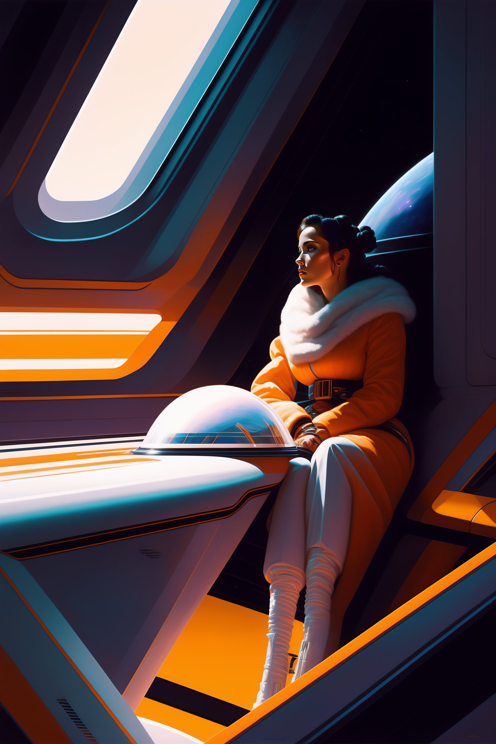 Lexica Woman Alone In A Cluttered Starship By Syd Mead Cold Color