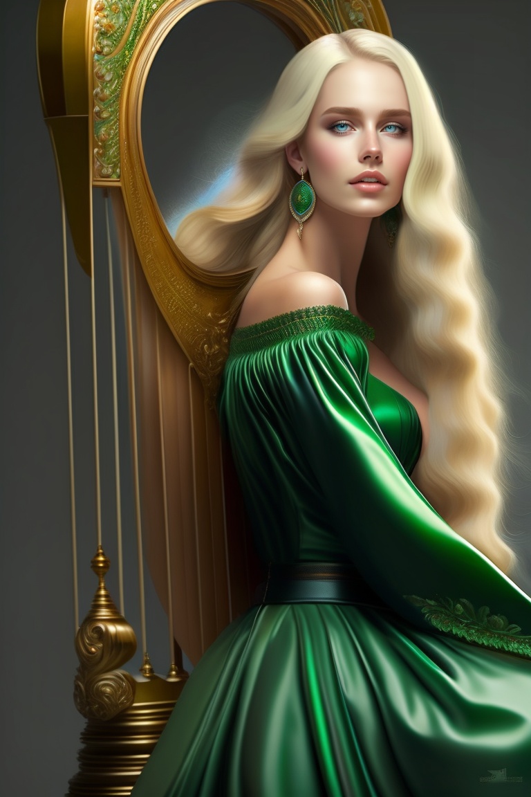 Lexica Green Dress Blonde Blue Eyes Long Hair Harp