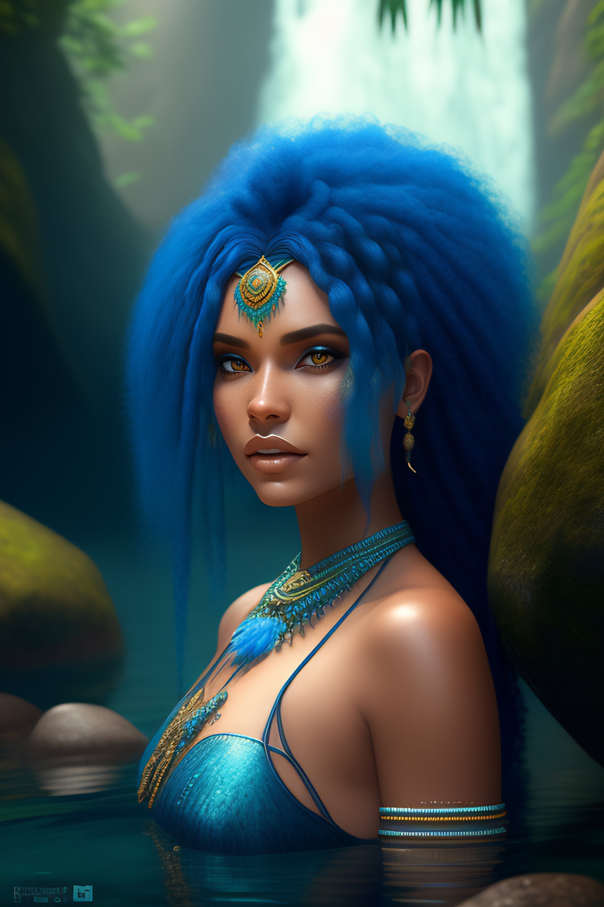 Lexica An Indigenous Brazilian Mermaid Woman Full Body Blue Hair In