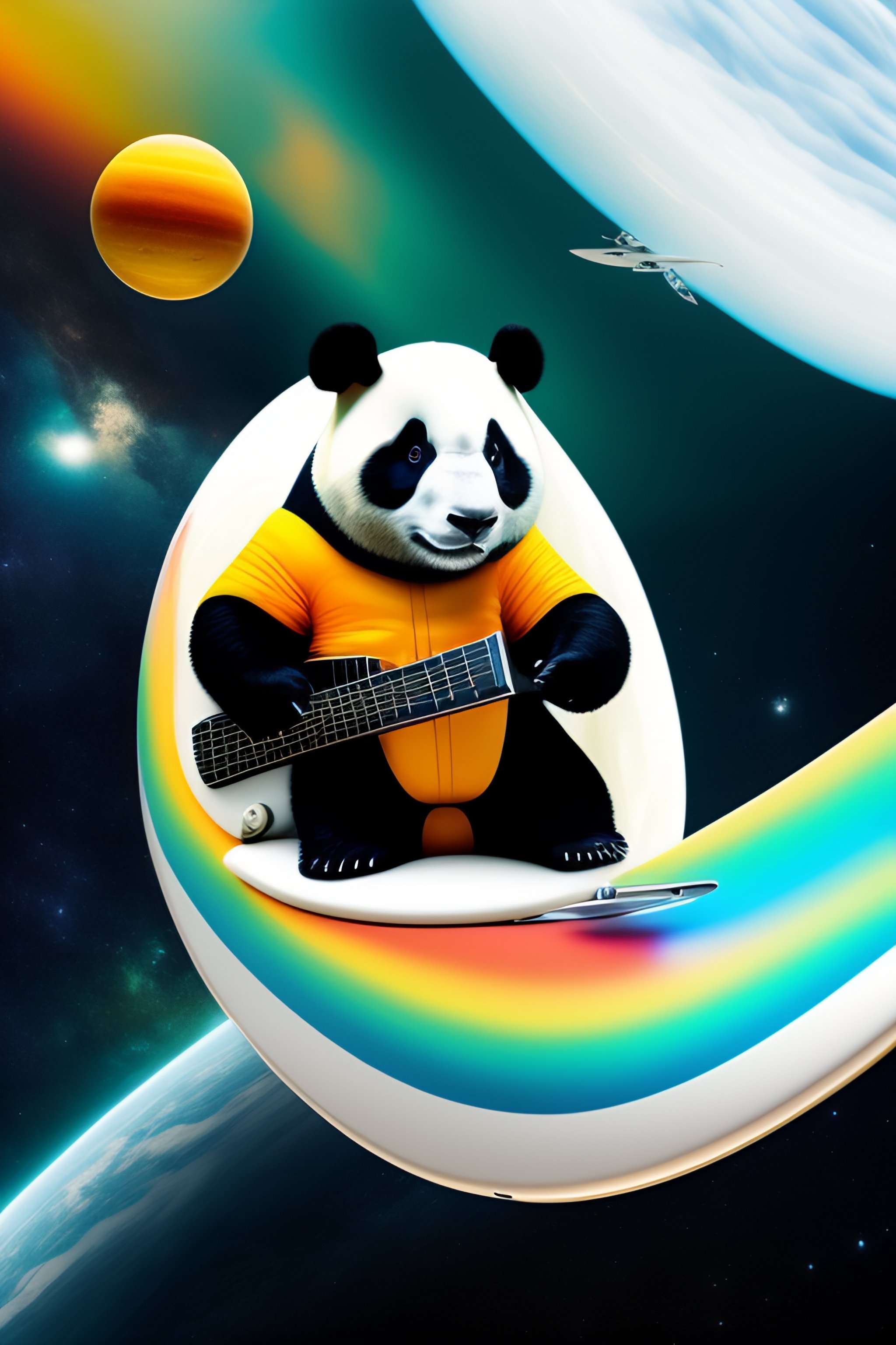 Lexica Panda Bear Playing Electric Guitar In Space On A Surfboard