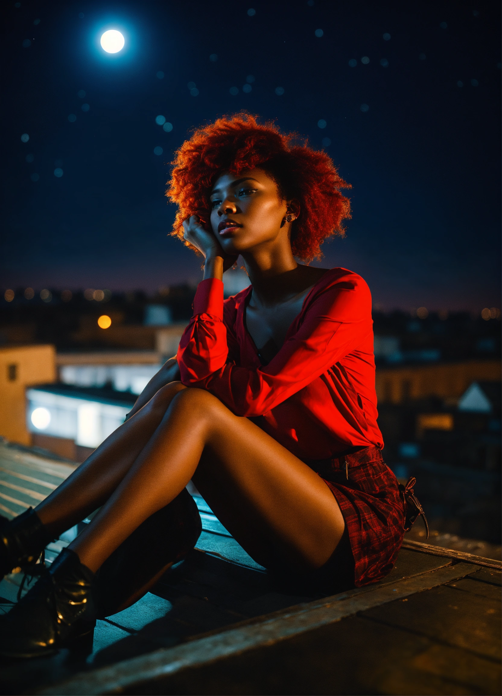 Lexica Black Woman With Red Hair In Industrial Fashion Sitting On A