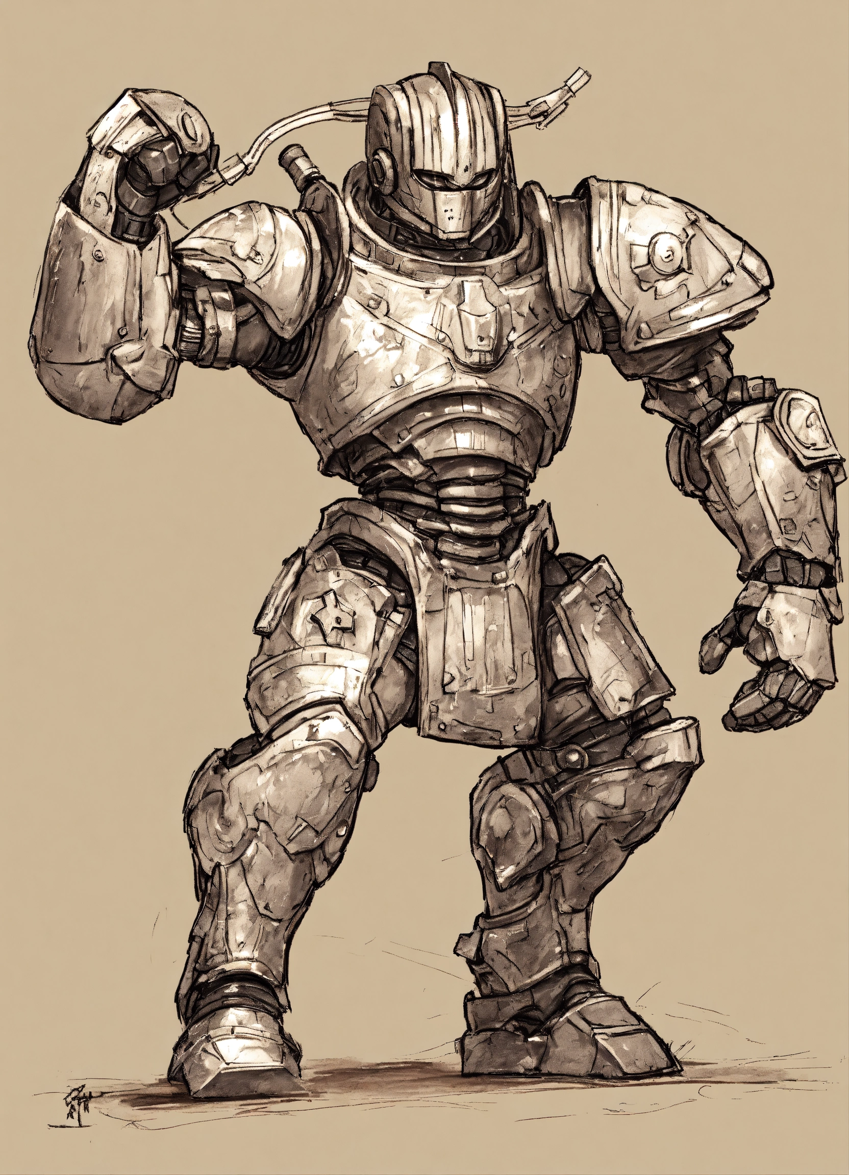 Lexica Drawing Of Ancient Bronze Warforged Robot Holding Fists In A