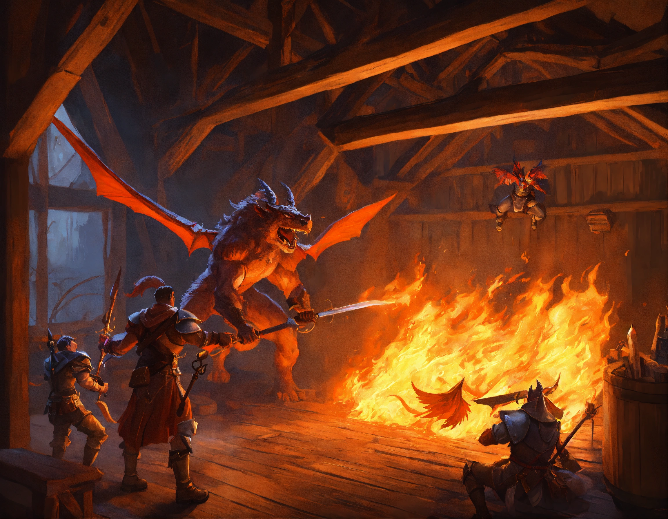 Lexica Fantasy Adventurers In An Old Barn Battling Small Winged Fire