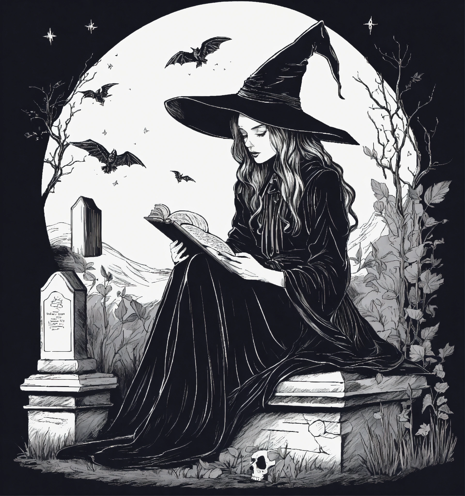 Lexica Witch Sitting On A Grave Reading A Book Vintage Gothic Dark