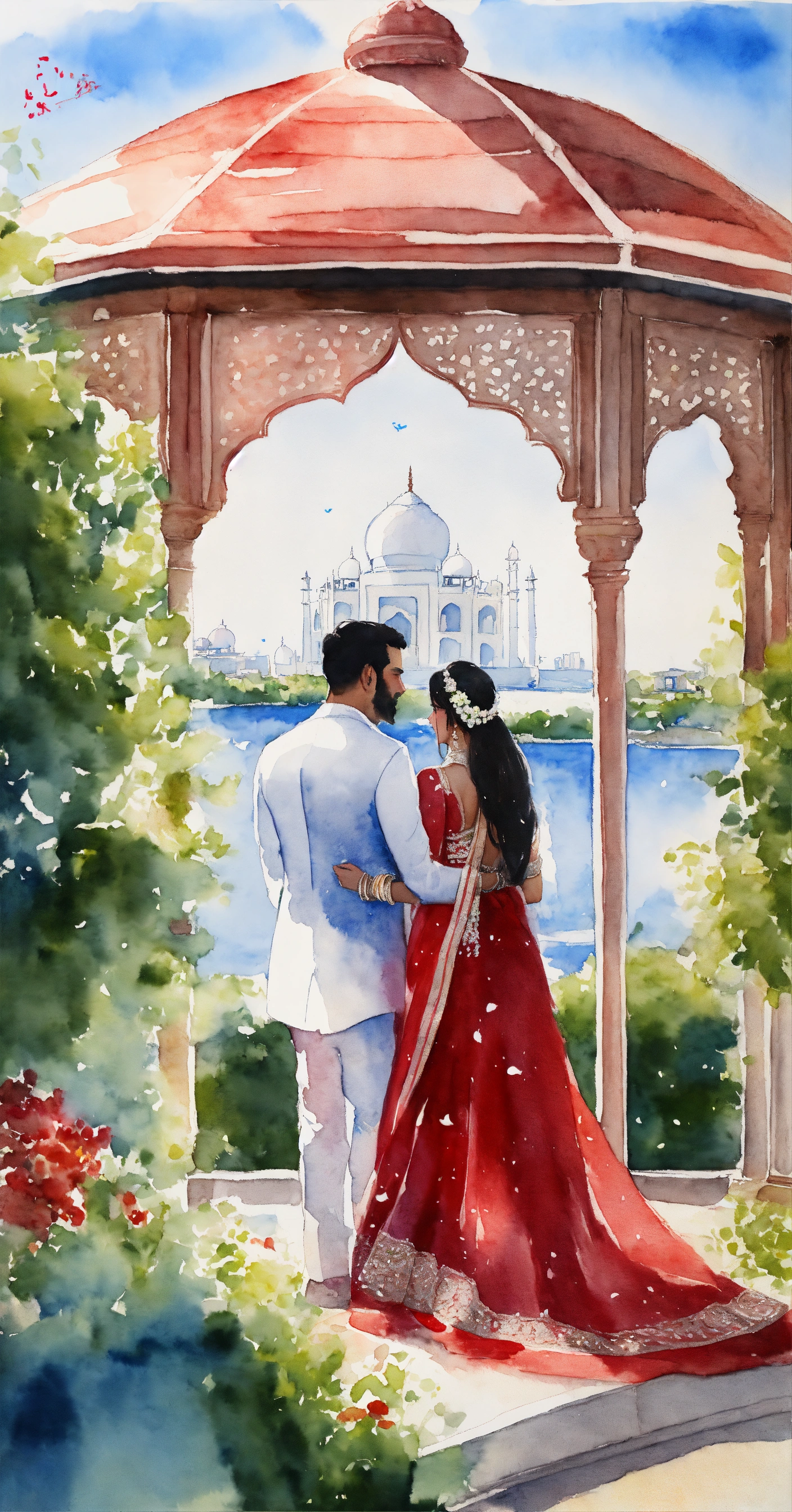 Lexica Watercolour Painting Back View Indian Bride And Groom Red