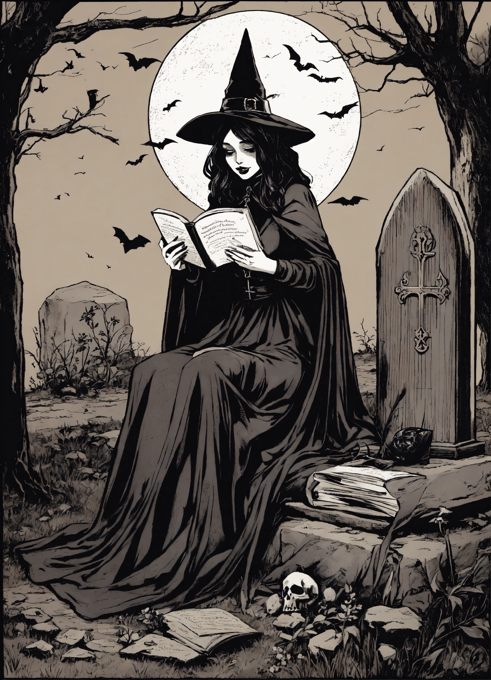 Lexica Witch Sitting On A Grave Reading A Book Vintage Gothic Dark