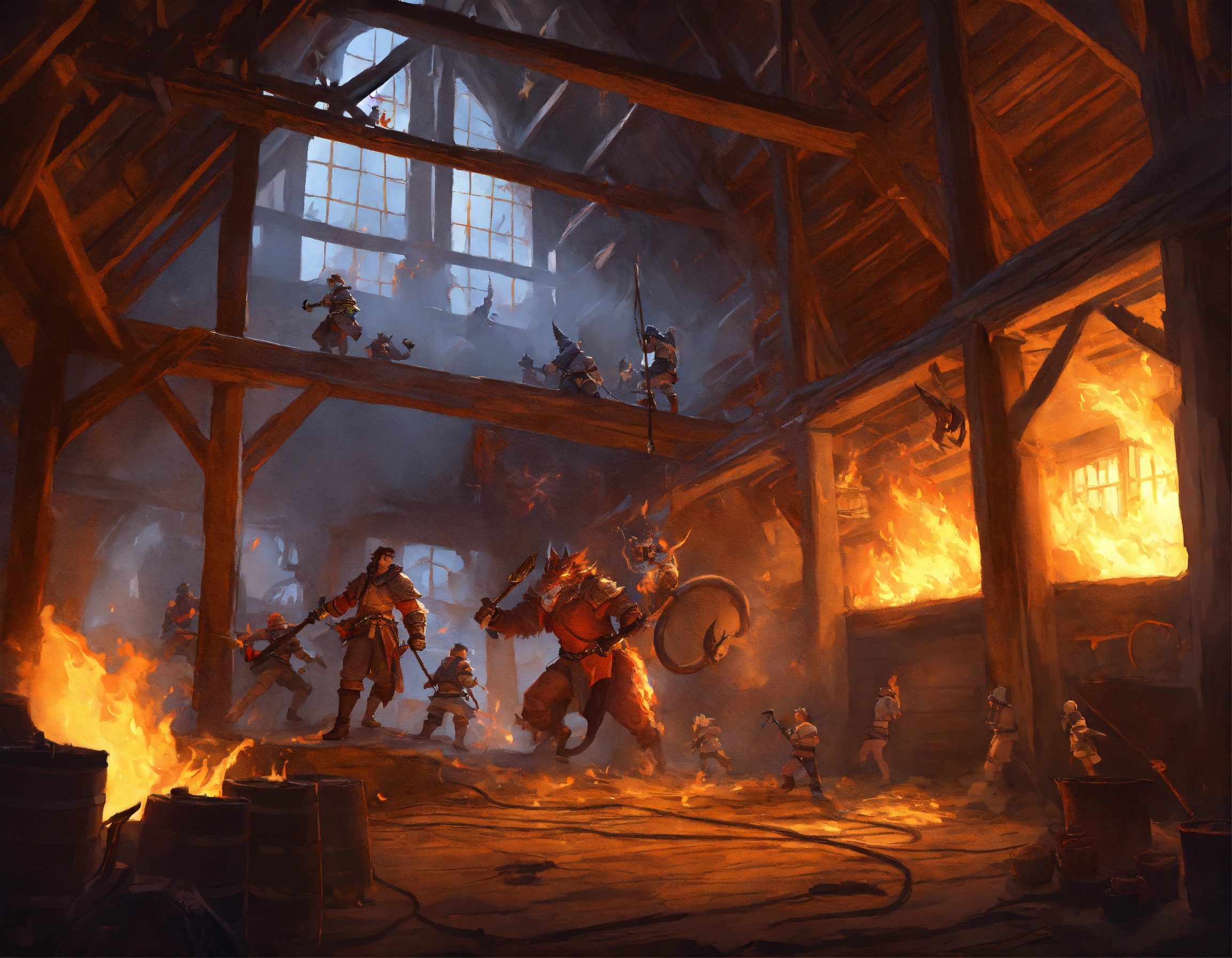 Lexica Fantasy Adventurers In An Old Barn Battling Fire Gargoyles