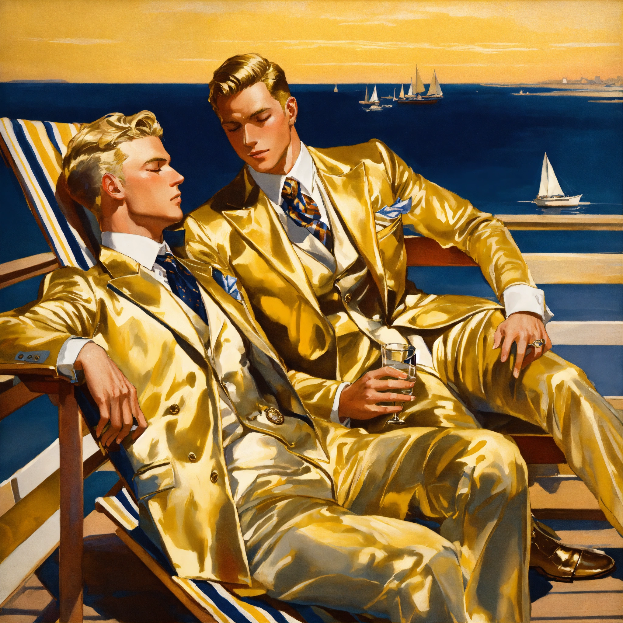 Lexica Two Blonde Male Gentlemen In Golden And Silver Suit Club Tie