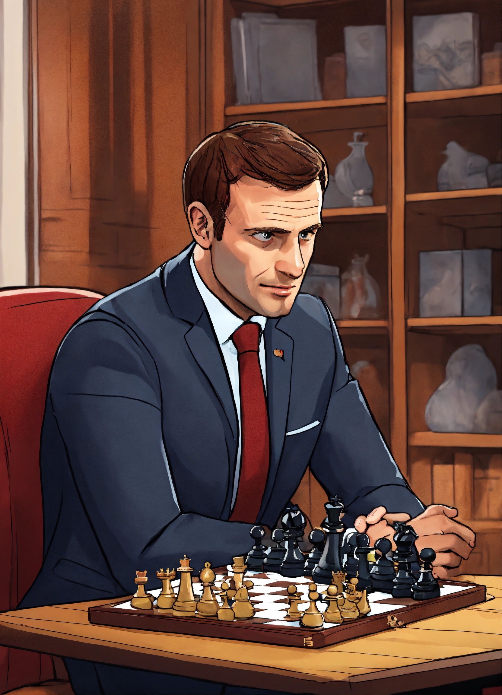 Lexica Macron Playing Chess Cartoon Style