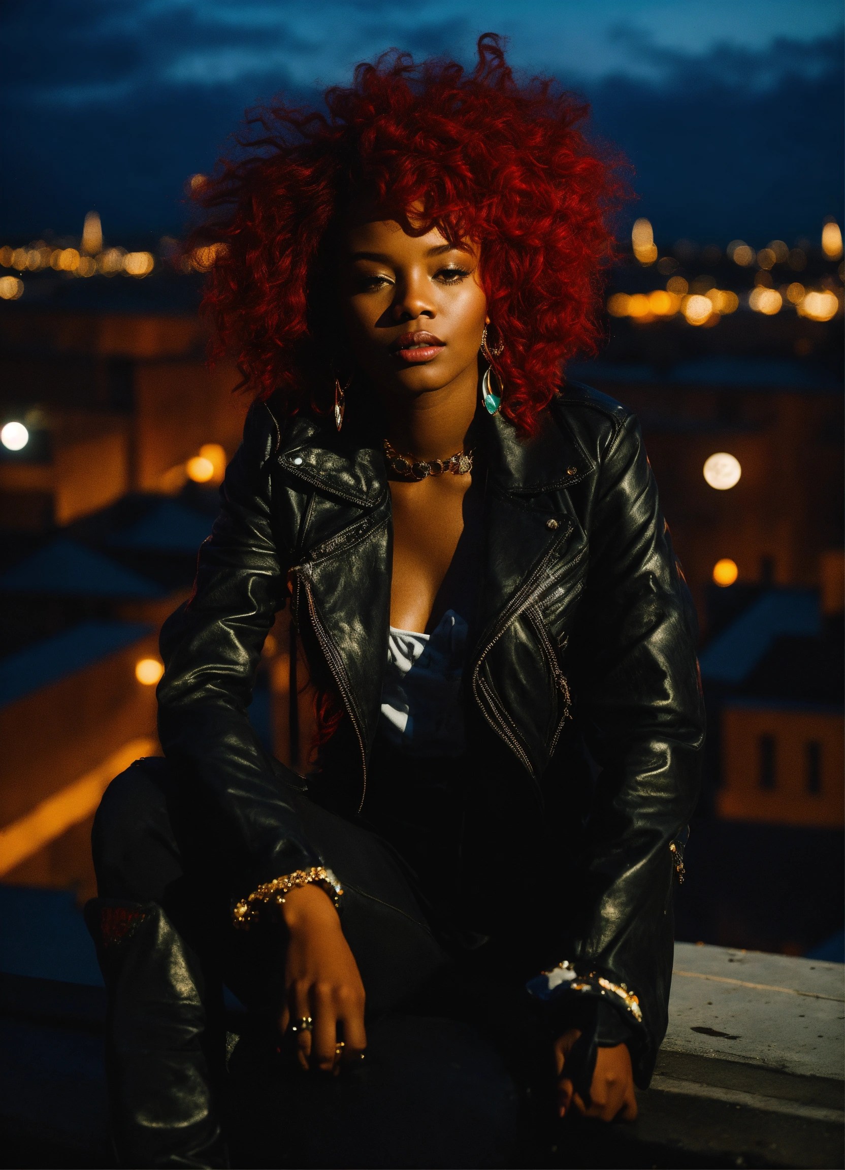 Lexica Black Woman With Red Hair In Punk Attire Sitting On A Rooftop