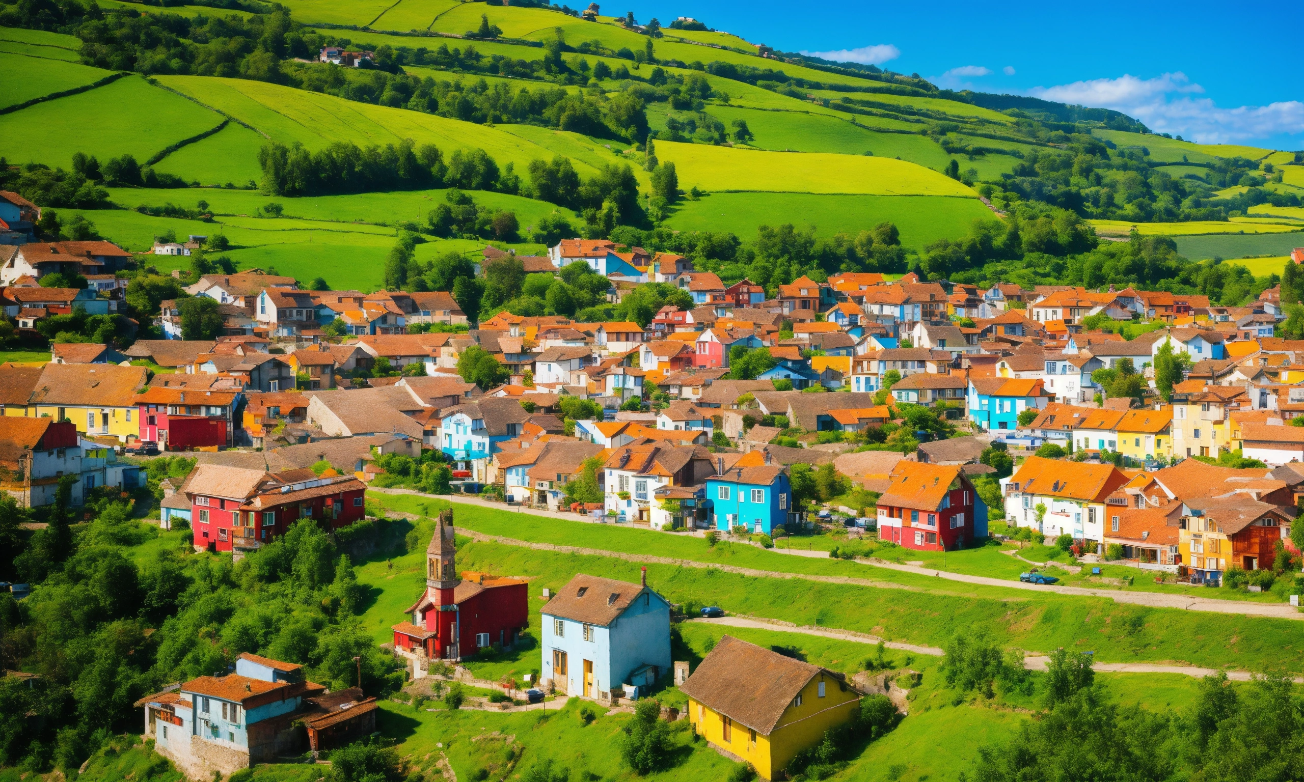 Lexica Picturesque Town With Rolling Hills Colorful Houses And Peoples