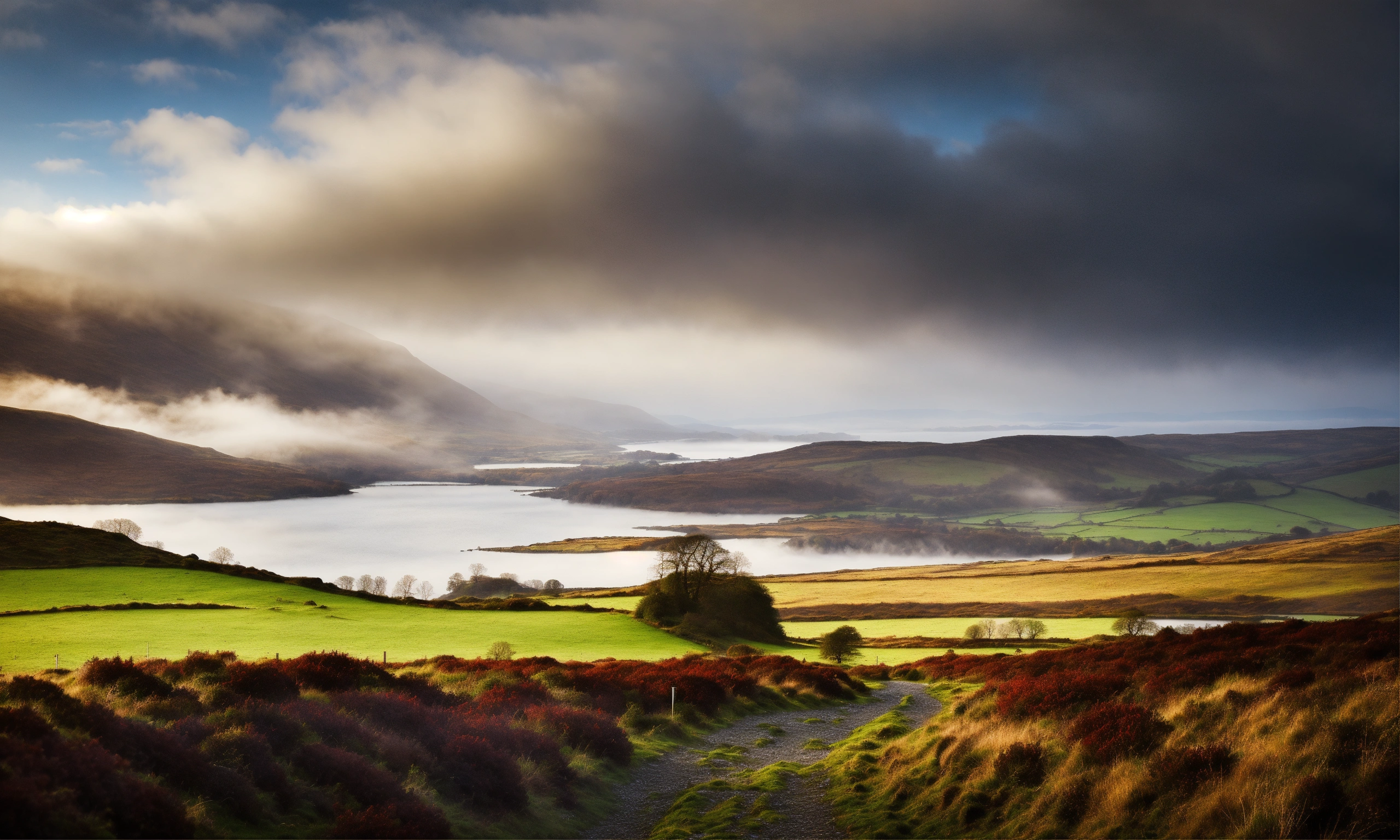 Lexica Scotish Landscape By A Foggy Day With Lake And Hills