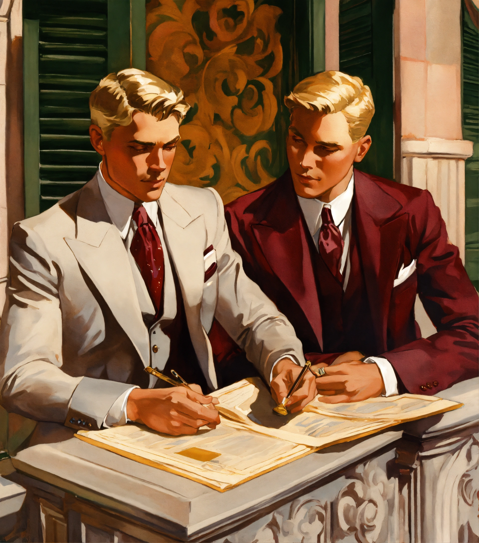 Lexica Two Blonde Businessmen In Light Grey Vested Suit And Burgundy