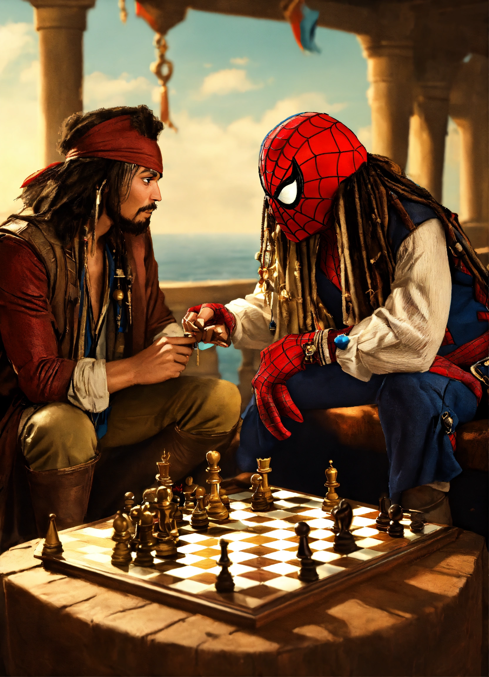 Lexica Spiderman Playing Chess With Jack Sparrow