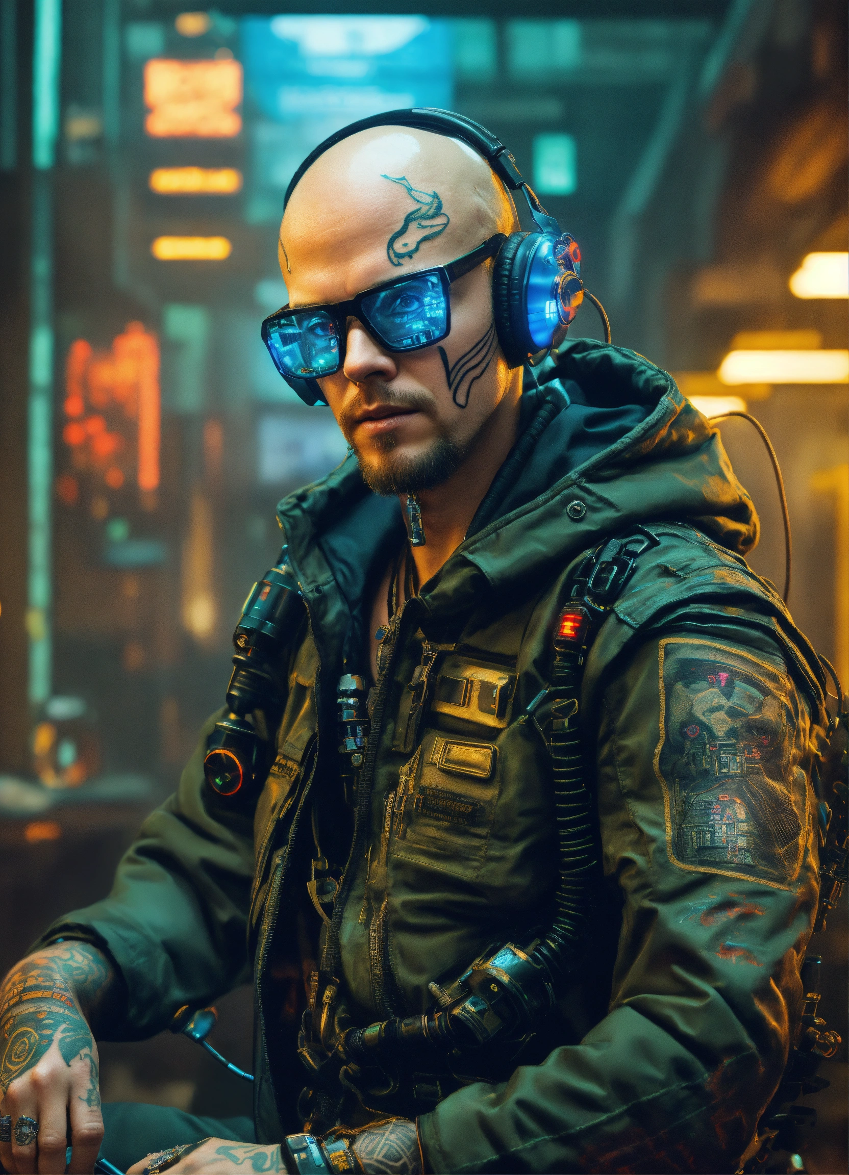 Lexica Cyberpunk Cybernetic Mercenary Bald With Circuit Tattoos