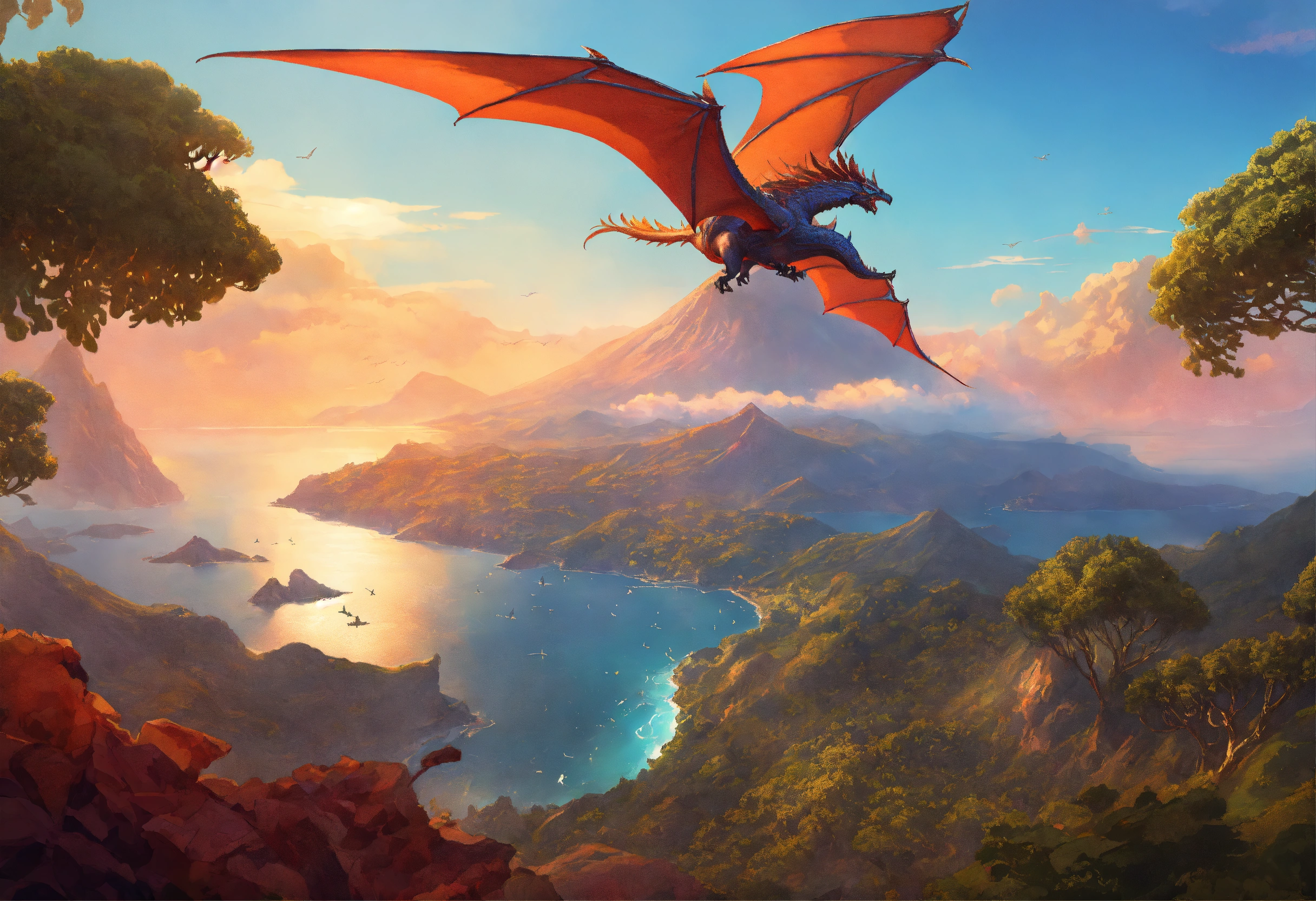 Lexica Distant Wyvern Flying Over Dormant Vulcano And Forested Island