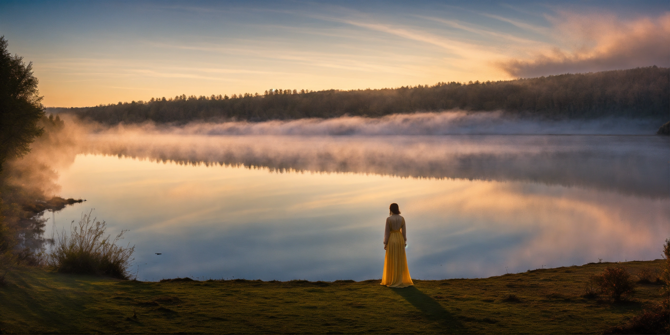 Lexica Lac avec de la brume une femme en robe médiévale regarde le